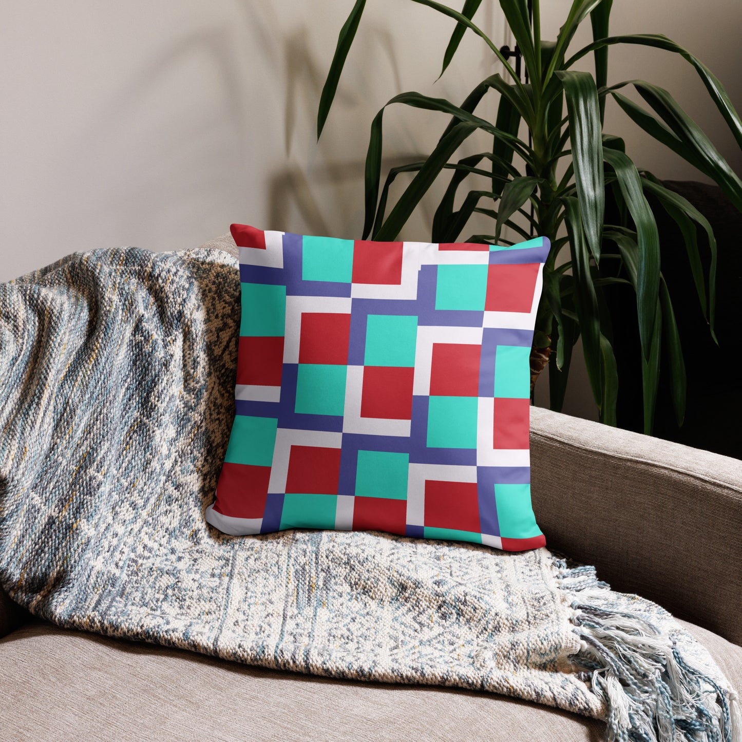 Red and Teal Square Patterned Decorative Accent Pillow - Handcrafted for a Pop of Color and Style in Any Room - Misfit Marketing Design Studios