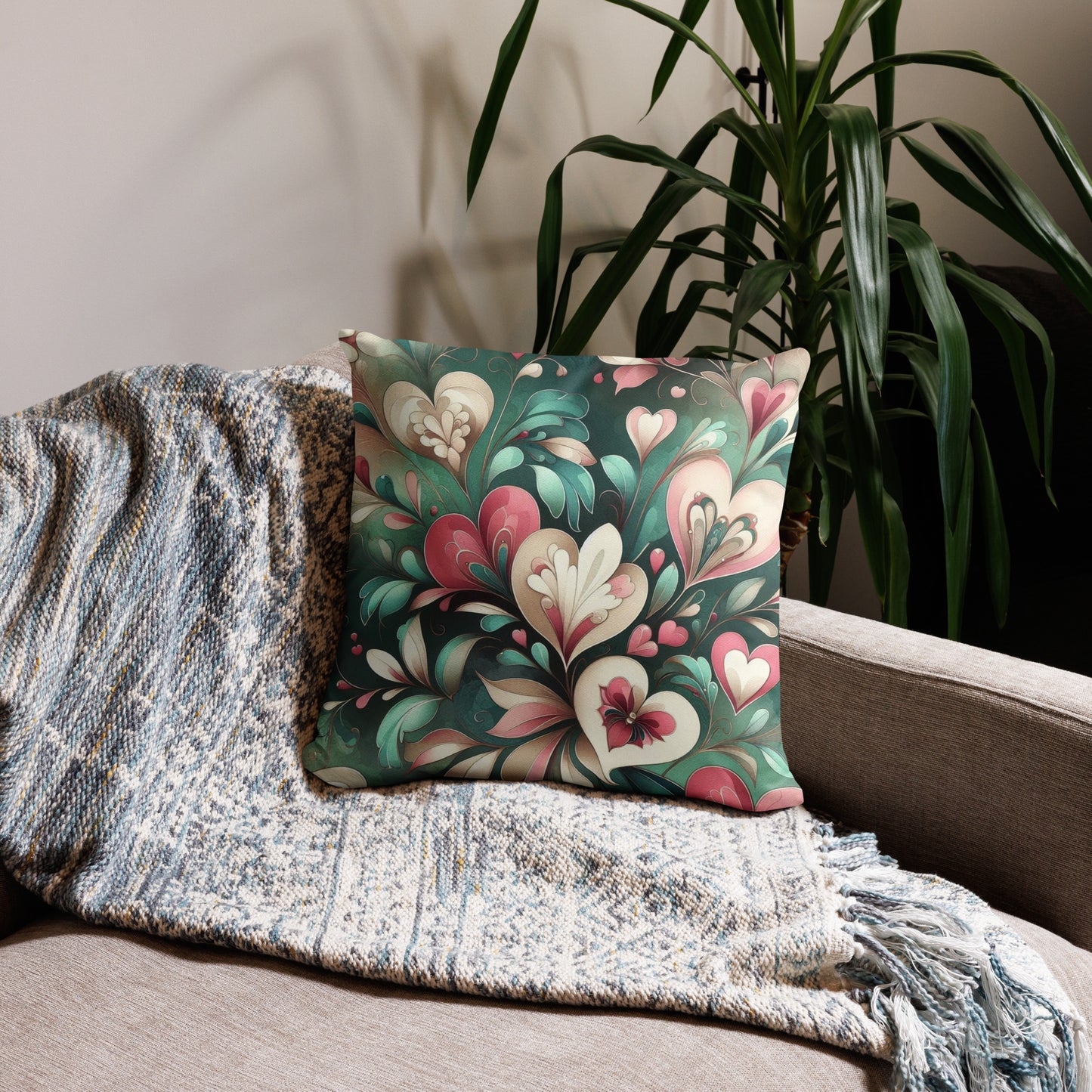 Emerald Floral Hearts Accent Throw Pillow