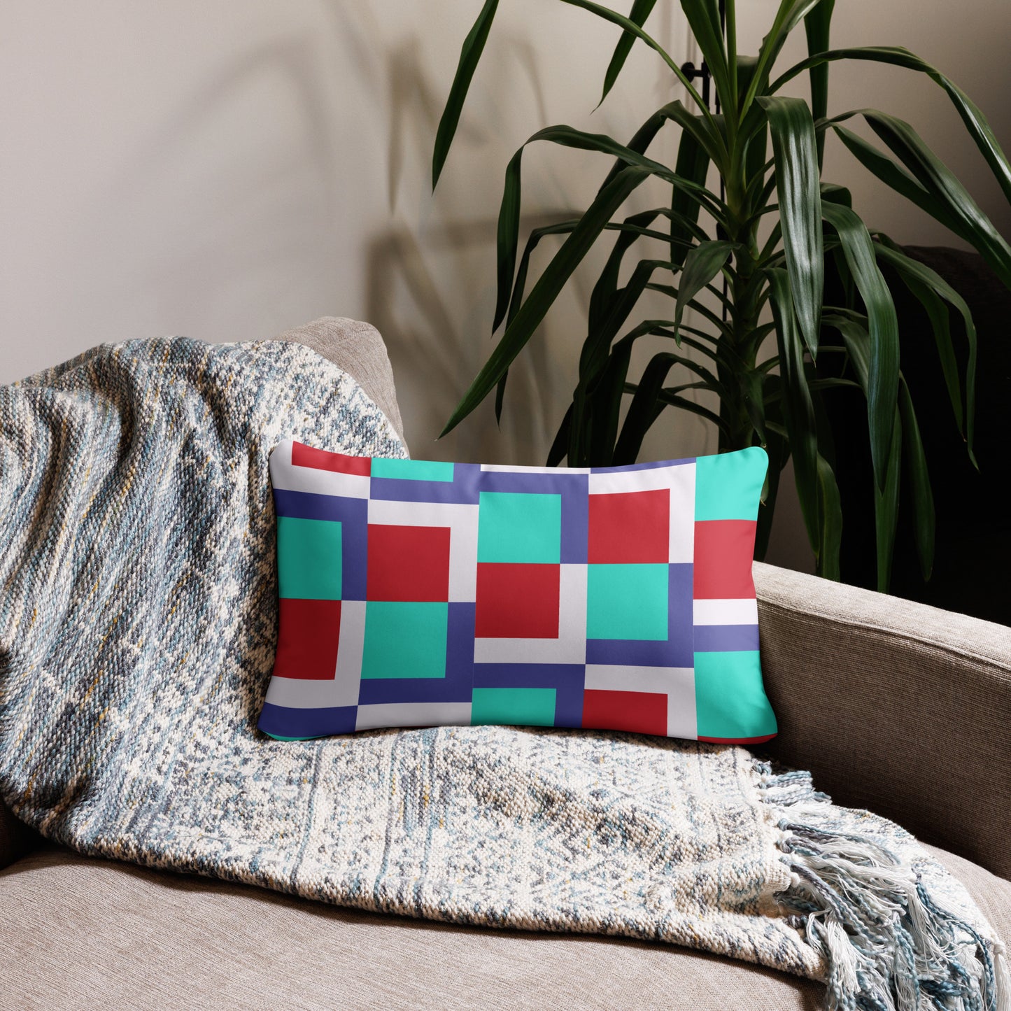 Red and Teal Square Patterned Decorative Accent Pillow - Handcrafted for a Pop of Color and Style in Any Room - Misfit Marketing Design Studios