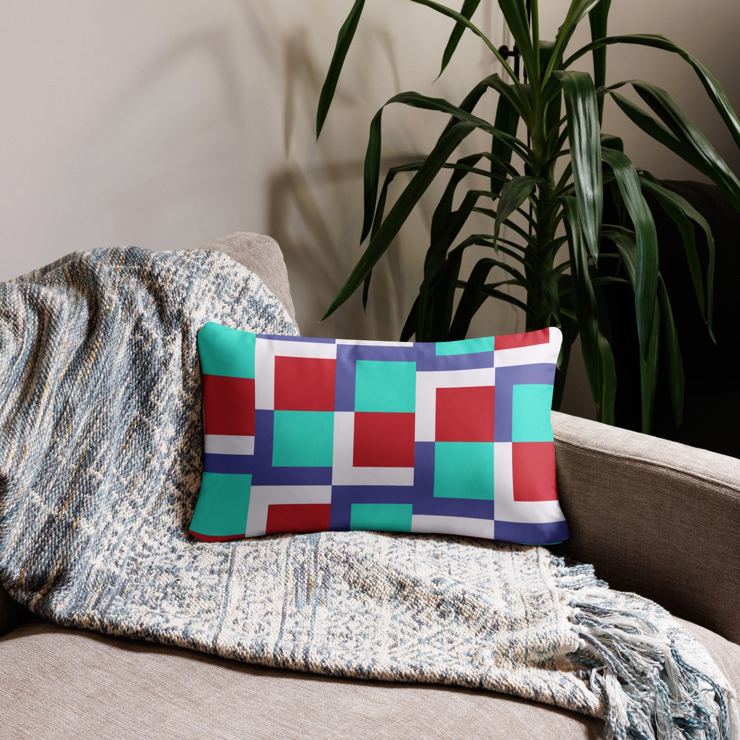 Red and Teal Square Patterned Decorative Accent Pillow - Handcrafted for a Pop of Color and Style in Any Room - Misfit Marketing Design Studios