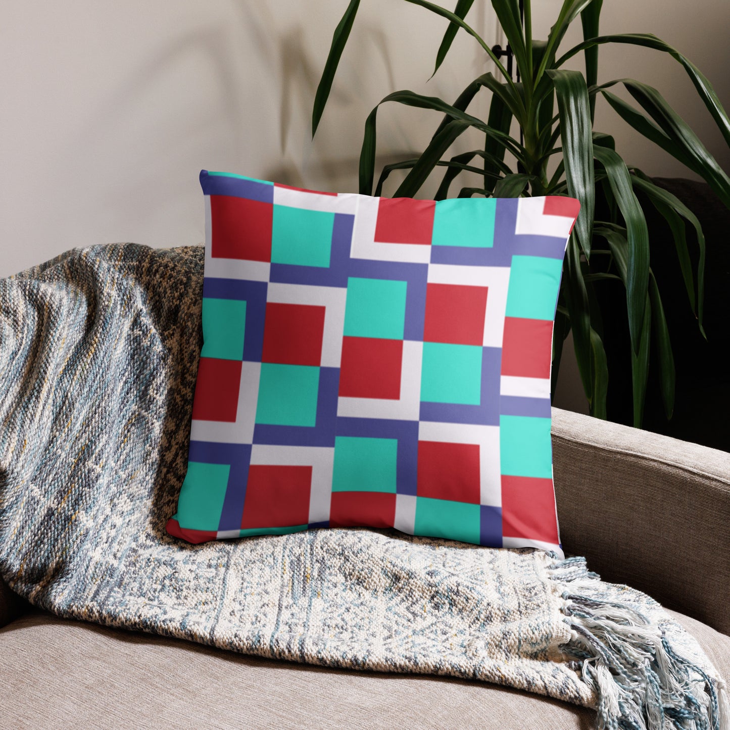 Red and Teal Square Patterned Decorative Accent Pillow - Handcrafted for a Pop of Color and Style in Any Room - Misfit Marketing Design Studios