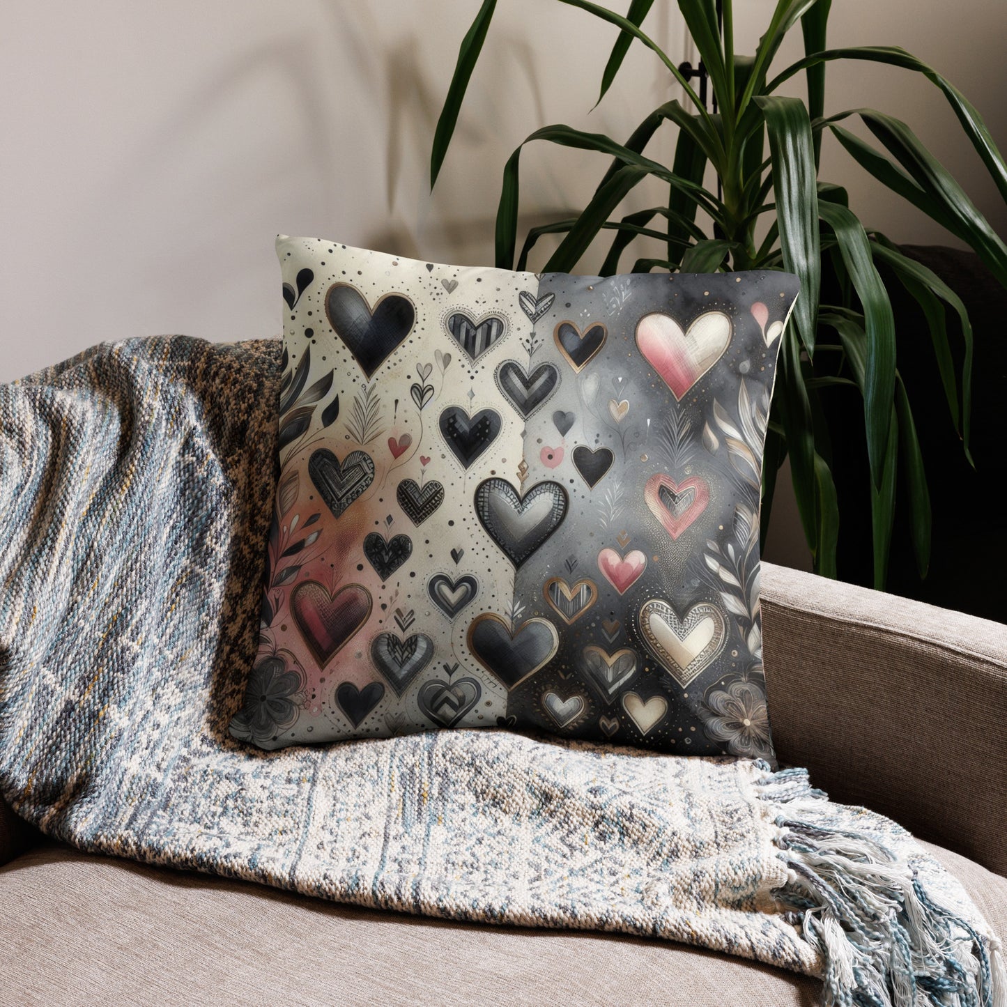 Ebony Chrome Floral Hearts Accent Throw Pillow