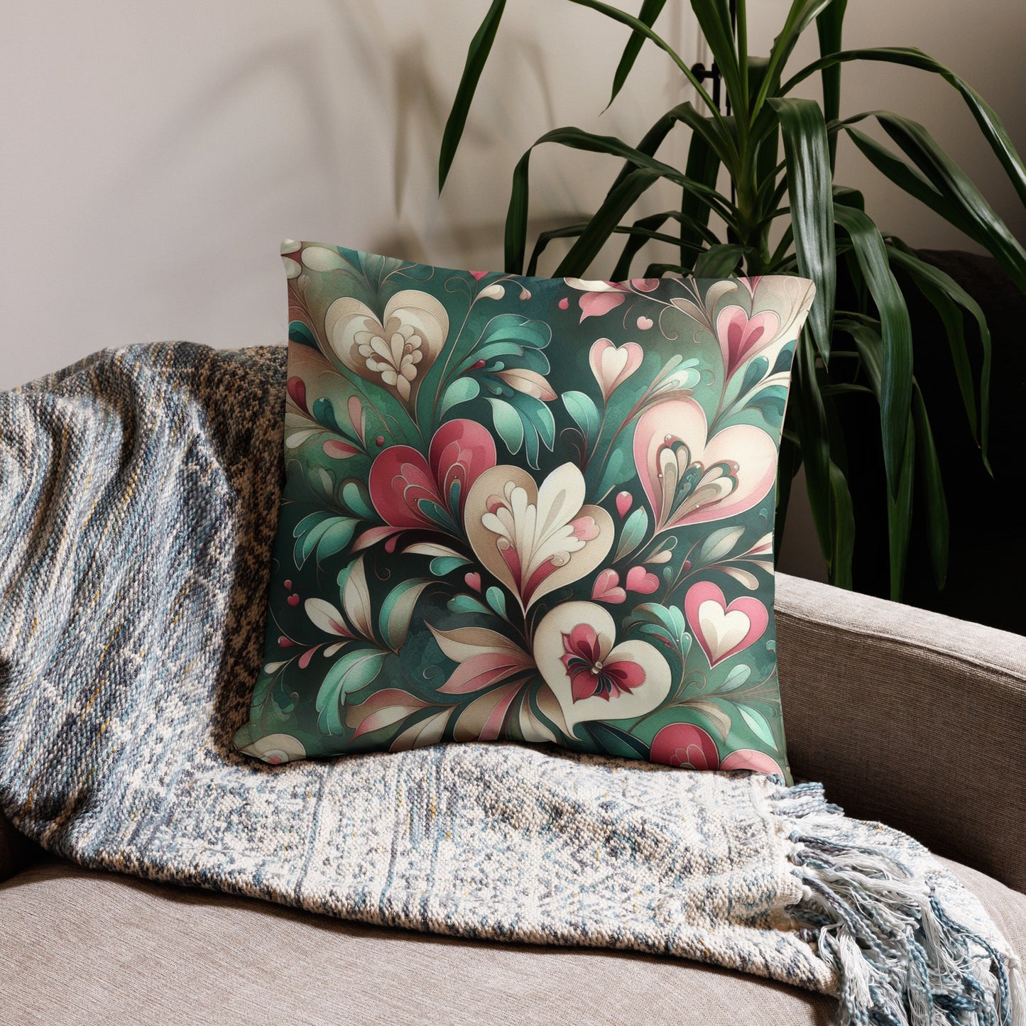 Emerald Floral Hearts Accent Throw Pillow