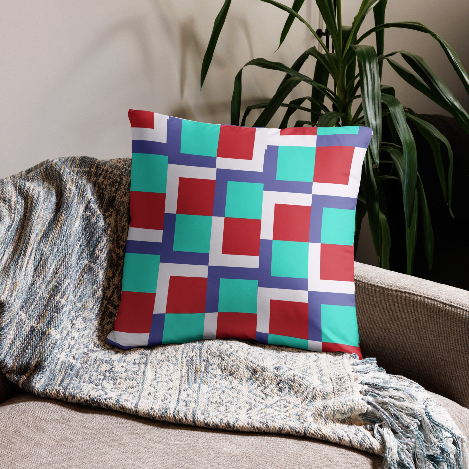 Red and Teal Square Patterned Decorative Accent Pillow - Handcrafted for a Pop of Color and Style in Any Room - Misfit Marketing Design Studios