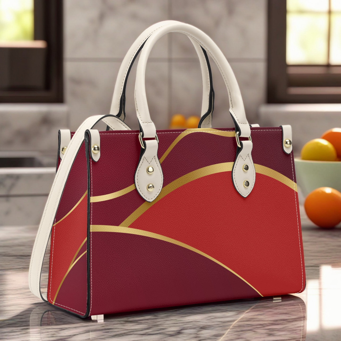 Burgundy Gold Faux Leather Handbag - Luxury Womens Fashion Accessory - Misfit Marketing Design Studios