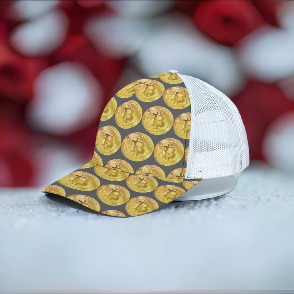 Bitcoin Trucker Hat - Unisex White Half-Mesh - Cryptocurrency Gift - Misfit Marketing Design Studios