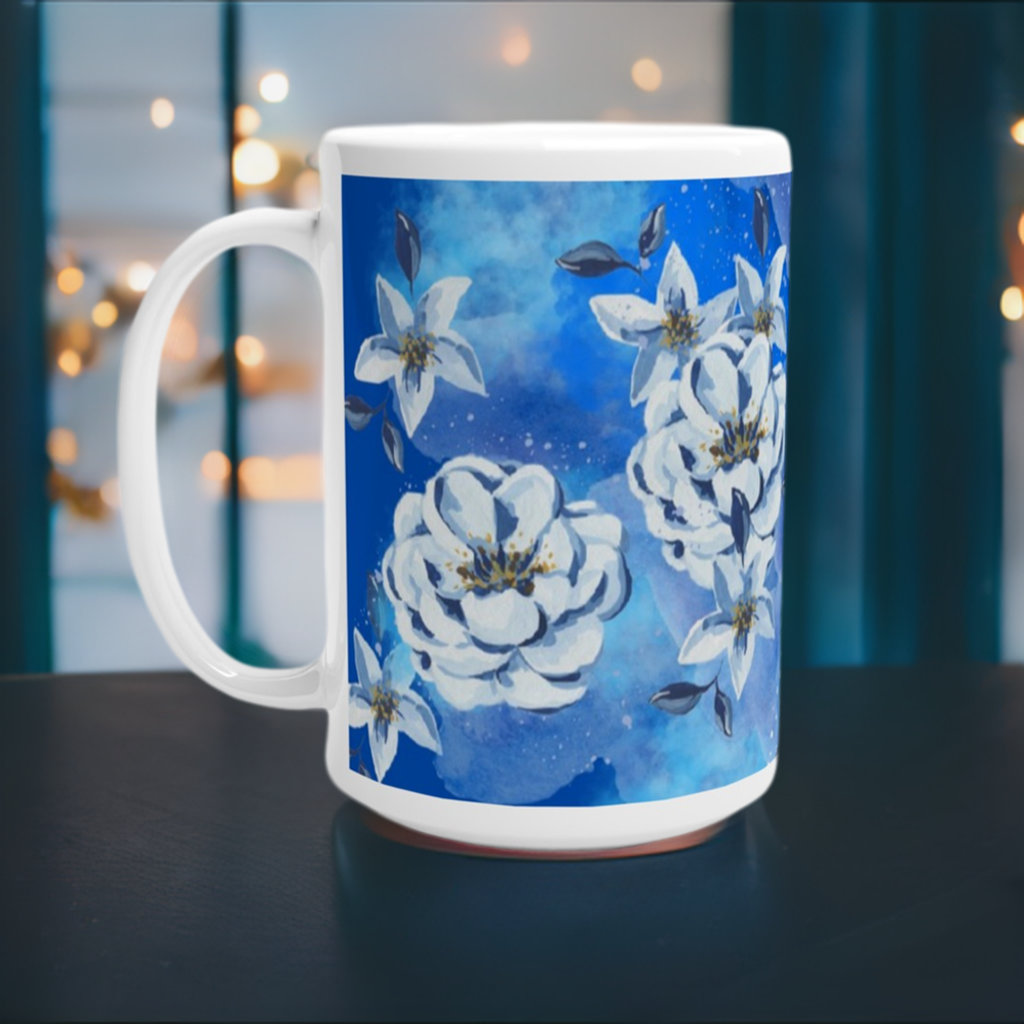 Blue Floral 15oz Ceramic Mug - Handcrafted Vibrant Design for Your Morning Cup of Joy - Misfit Marketing Design Studios