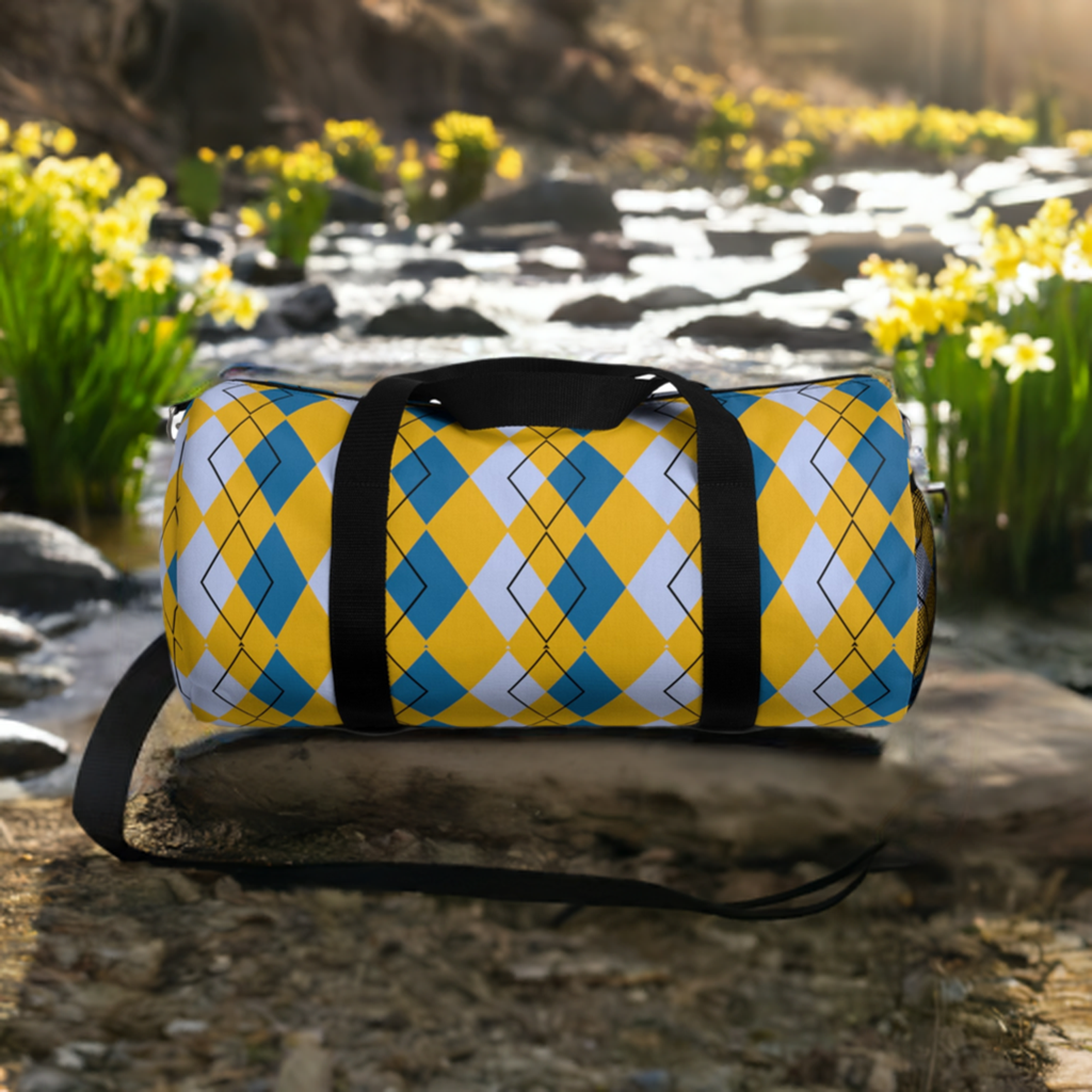 Yellow Argyle Spring Duffel - Perfect for Gym and Travel - Lightweight and Durable - Misfit Marketing Design Studios