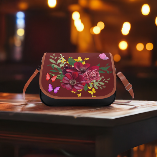 Burgundy Leather Shoulder Bag - Classic Bouquet Design for a Timeless Look