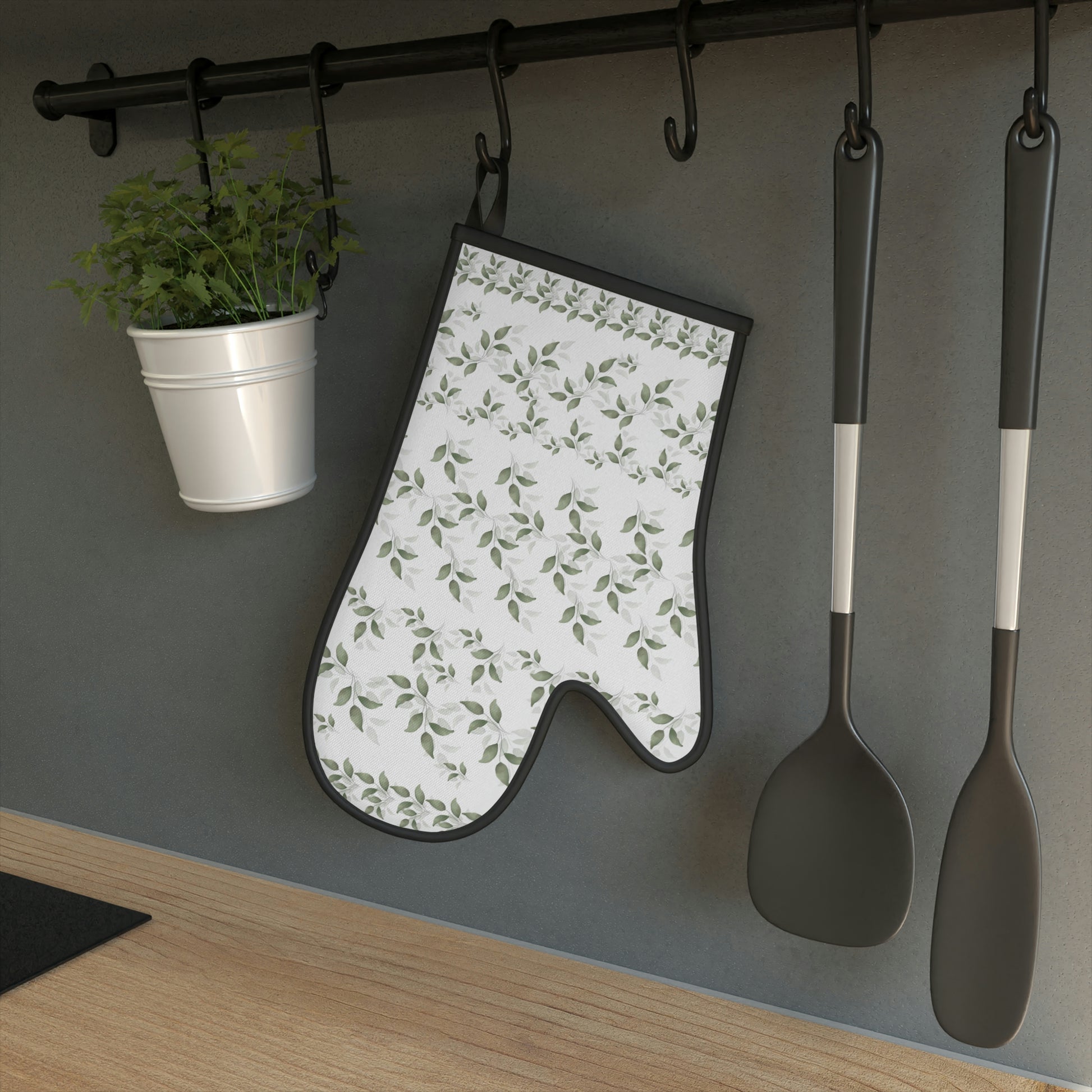 White with Green Leaves Oven Glove - Misfit Marketing Designs