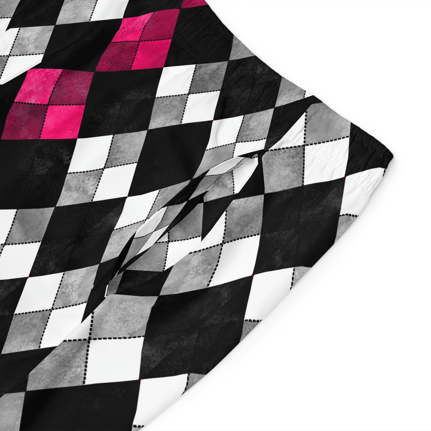 Black & White Argyle Board Shorts -Fuchsia  Accent - Misfit Marketing Designs