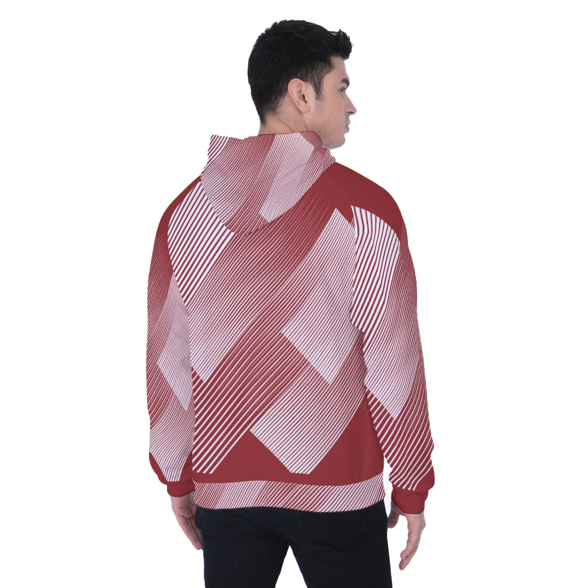 Dark Red Geometric Lines Mens Heavy Fleece Raglan Hoodie - Cozy and Stylish - Misfit Marketing Design Studios