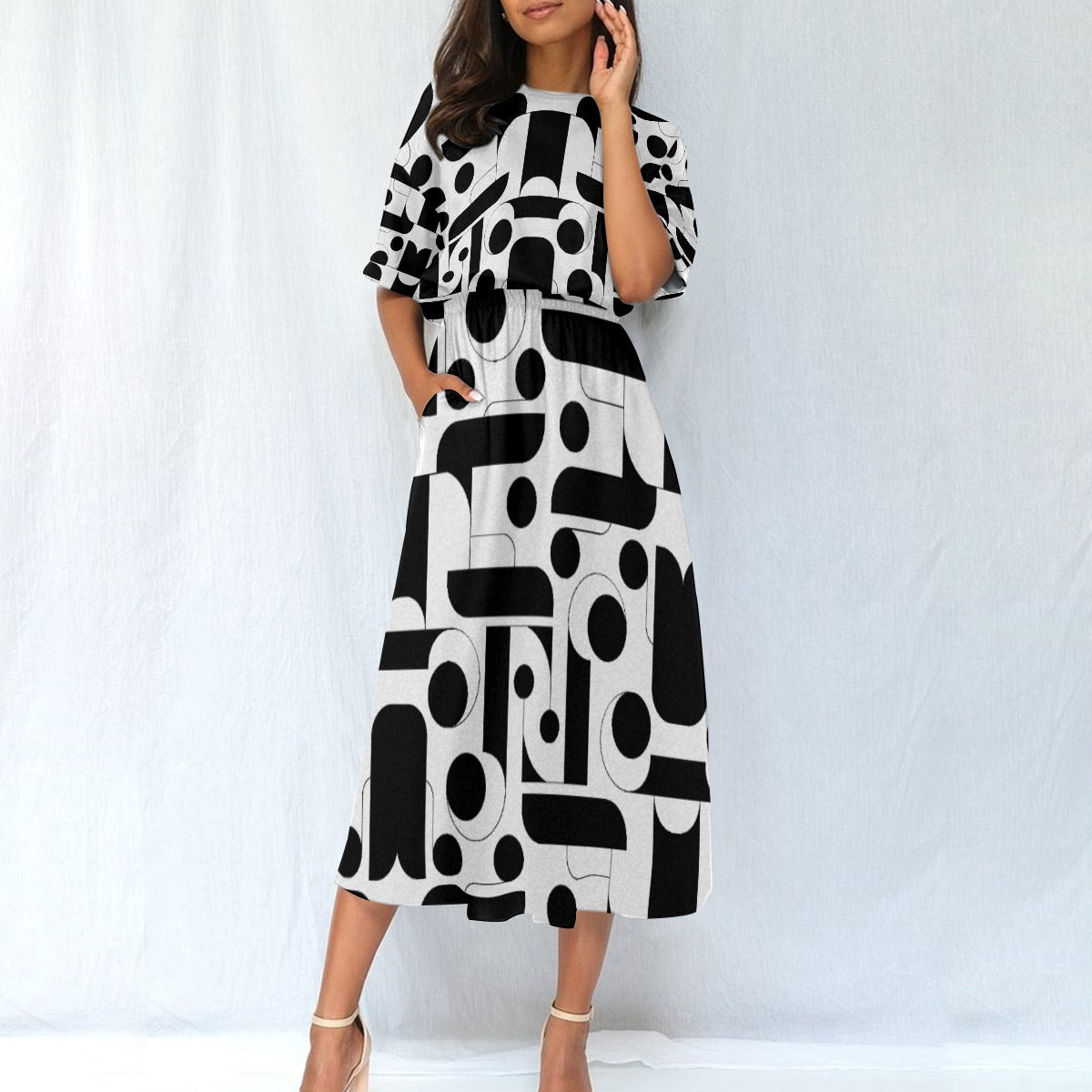 Abstract Black and White Elastic Waist Dress - Chic and Versatile Design - Misfit Marketing Design Studios