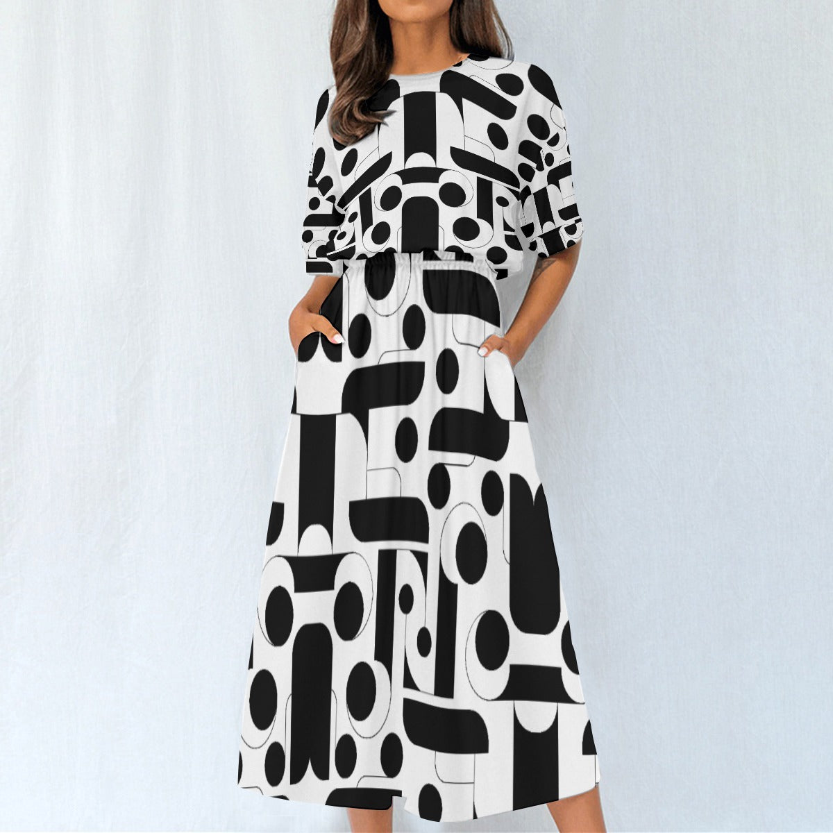 Abstract Black and White Elastic Waist Dress - Chic and Versatile Design - Misfit Marketing Design Studios