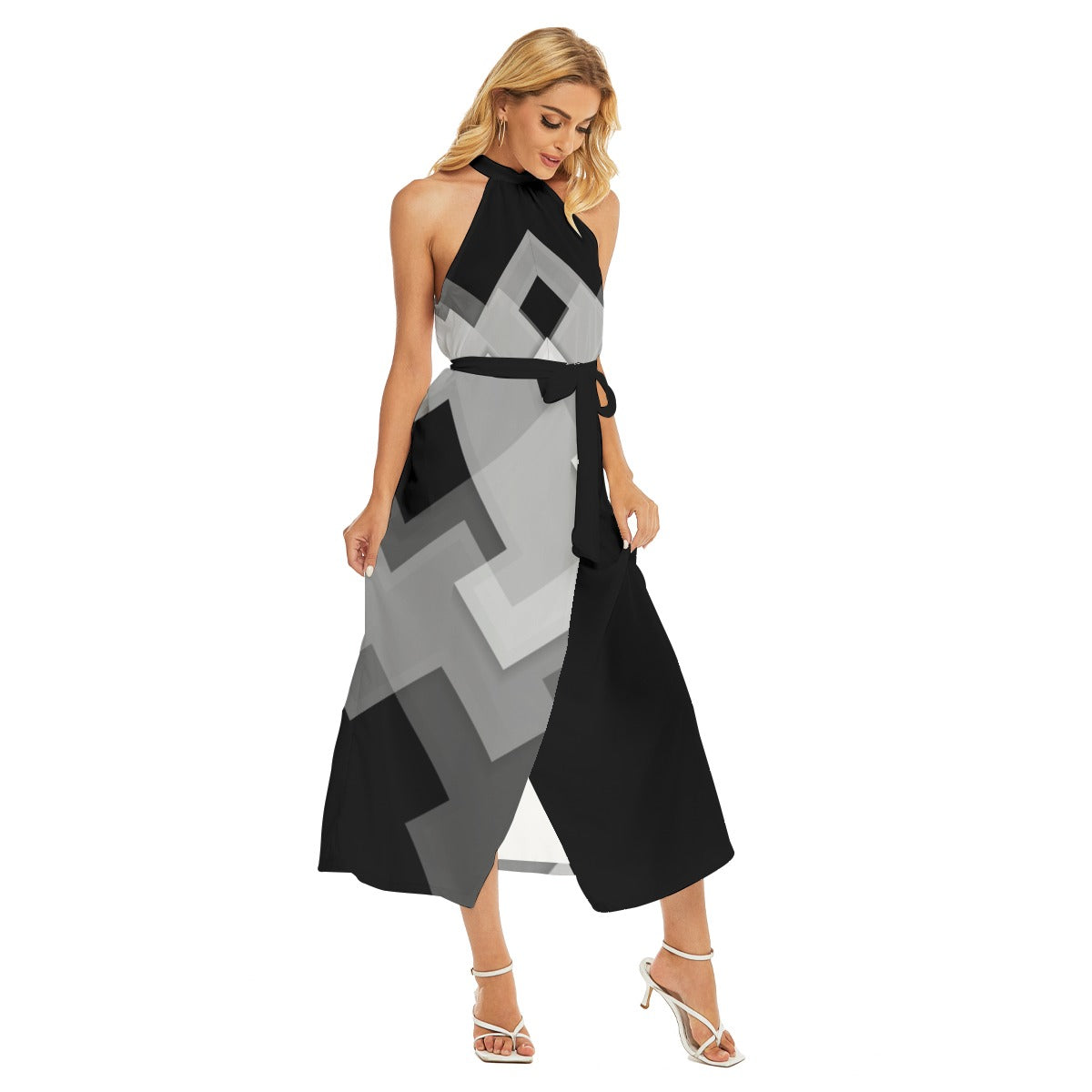 Ebony Geo Abstract Wrap Hem Belted Halter Dress - Misfit Marketing Design Studios