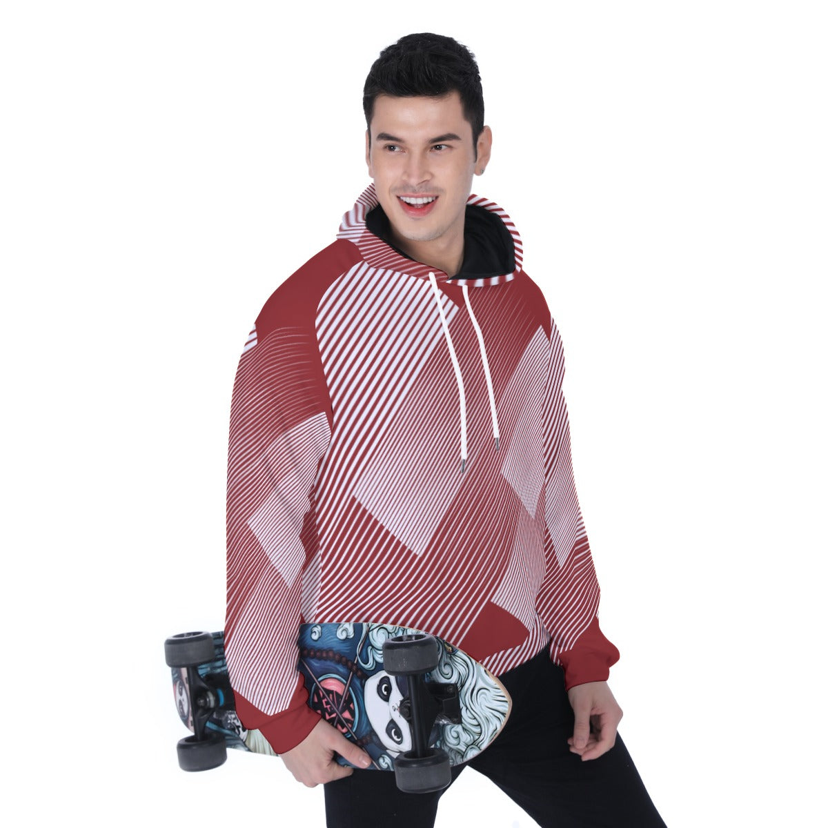 Dark Red Geometric Lines Mens Heavy Fleece Raglan Hoodie - Cozy and Stylish - Misfit Marketing Design Studios