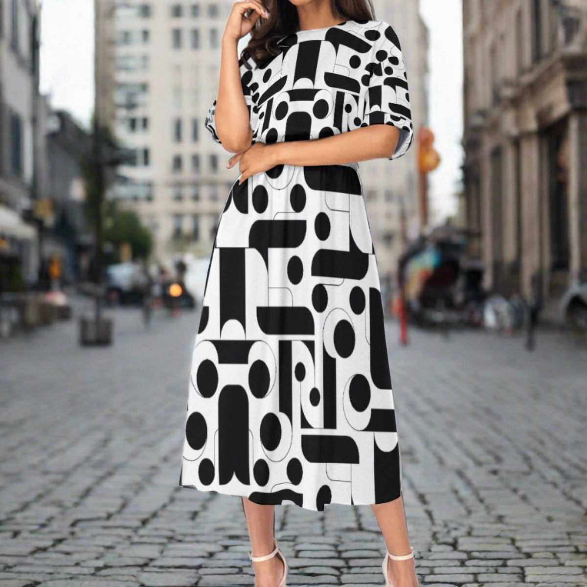 Abstract Black and White Elastic Waist Dress - Chic and Versatile Design - Misfit Marketing Design Studios