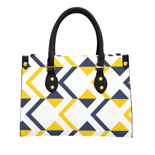 Golden Yellow and Blue Abstract X Leather Handbag -white - Misfit Marketing Designs