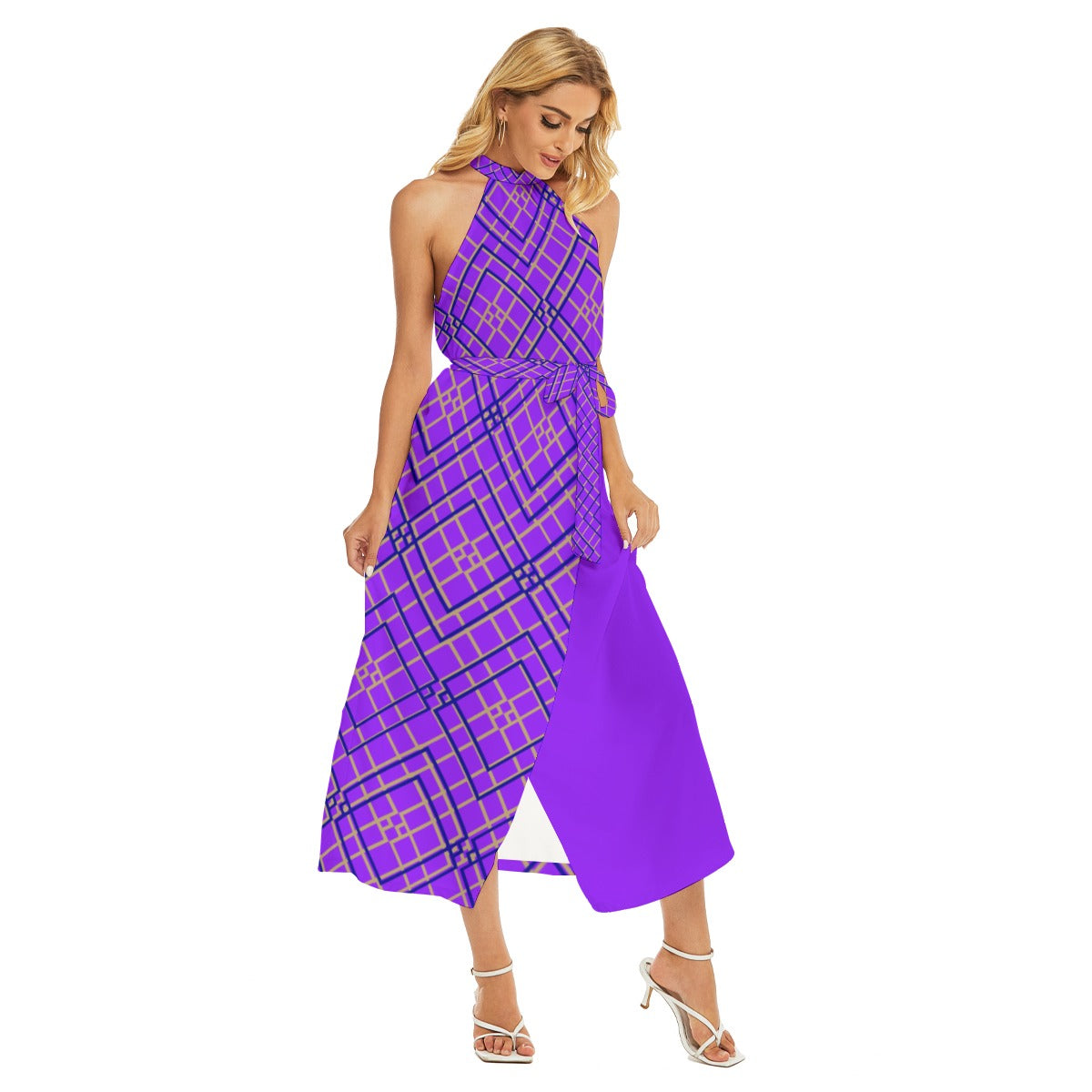 Dark Violet Women's Wrap Hem Belted Halter Dress - Misfit Marketing Design Studios