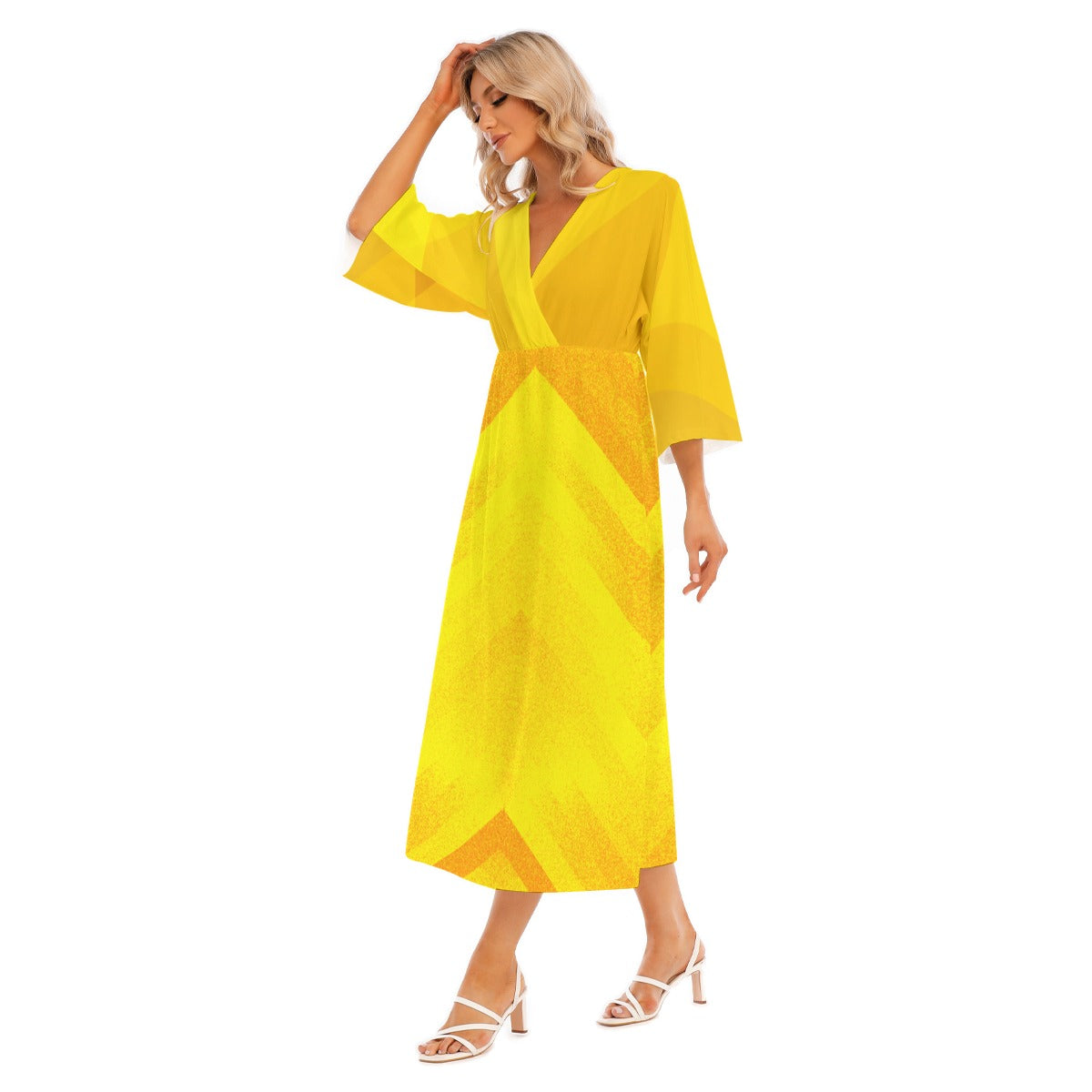 Women's Golden Spring Mid-Sleeve Midi Dress - Elegant and Versatile - Misfit Marketing Design Studios