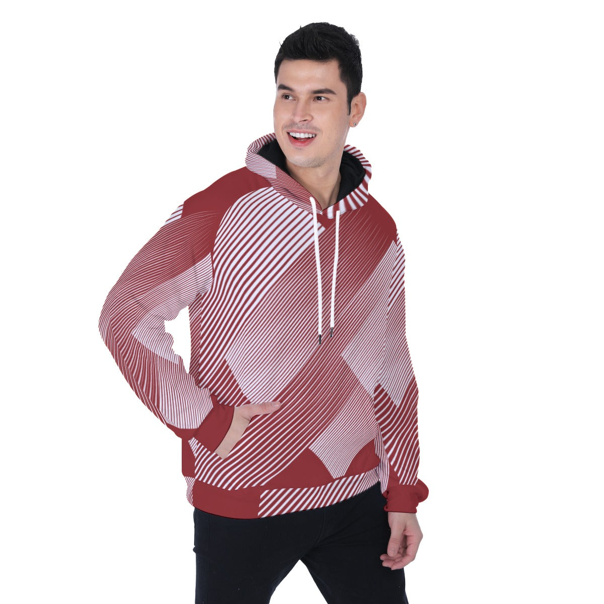 Dark Red Geometric Lines Mens Heavy Fleece Raglan Hoodie - Cozy and Stylish - Misfit Marketing Design Studios