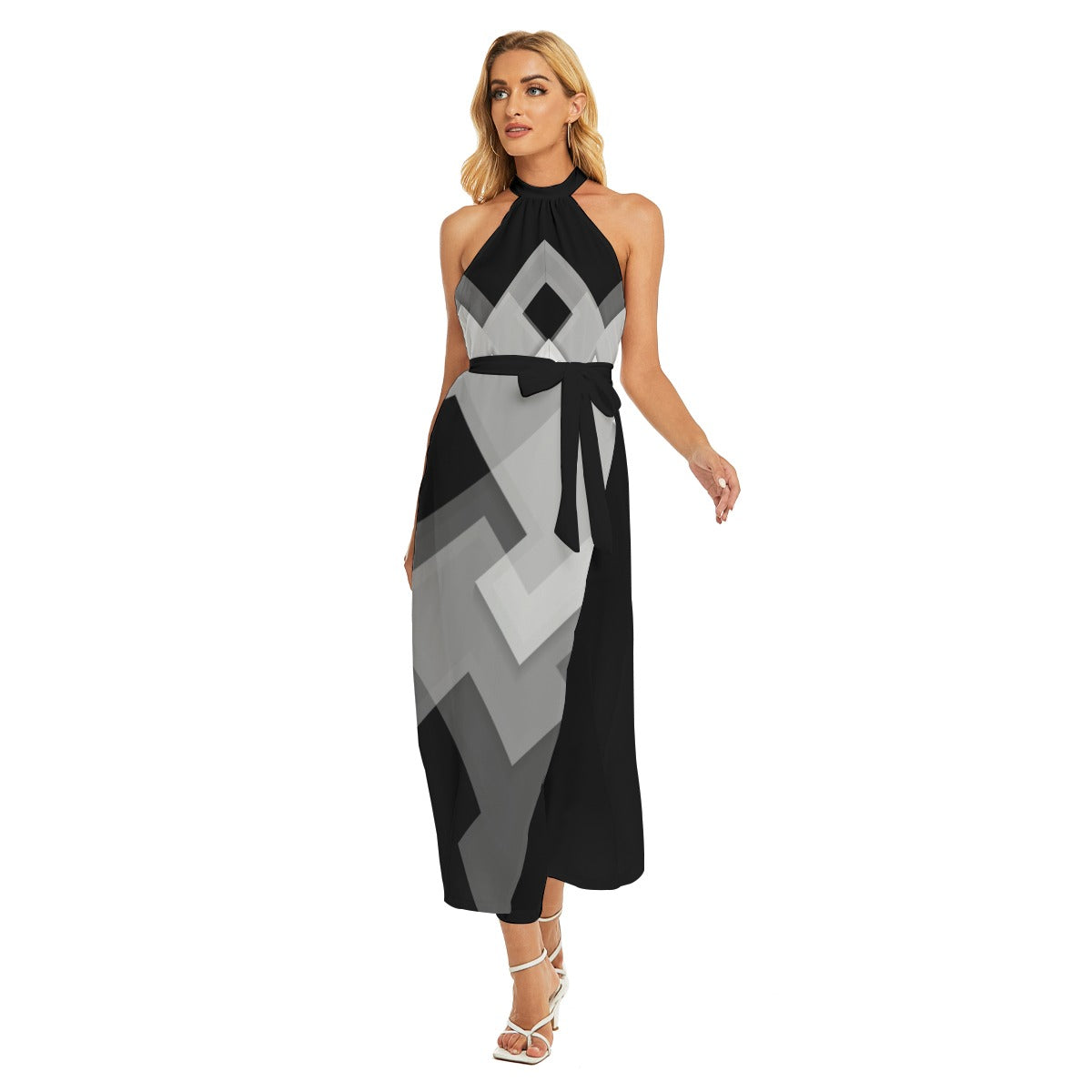 Ebony Geo Abstract Wrap Hem Belted Halter Dress - Misfit Marketing Design Studios