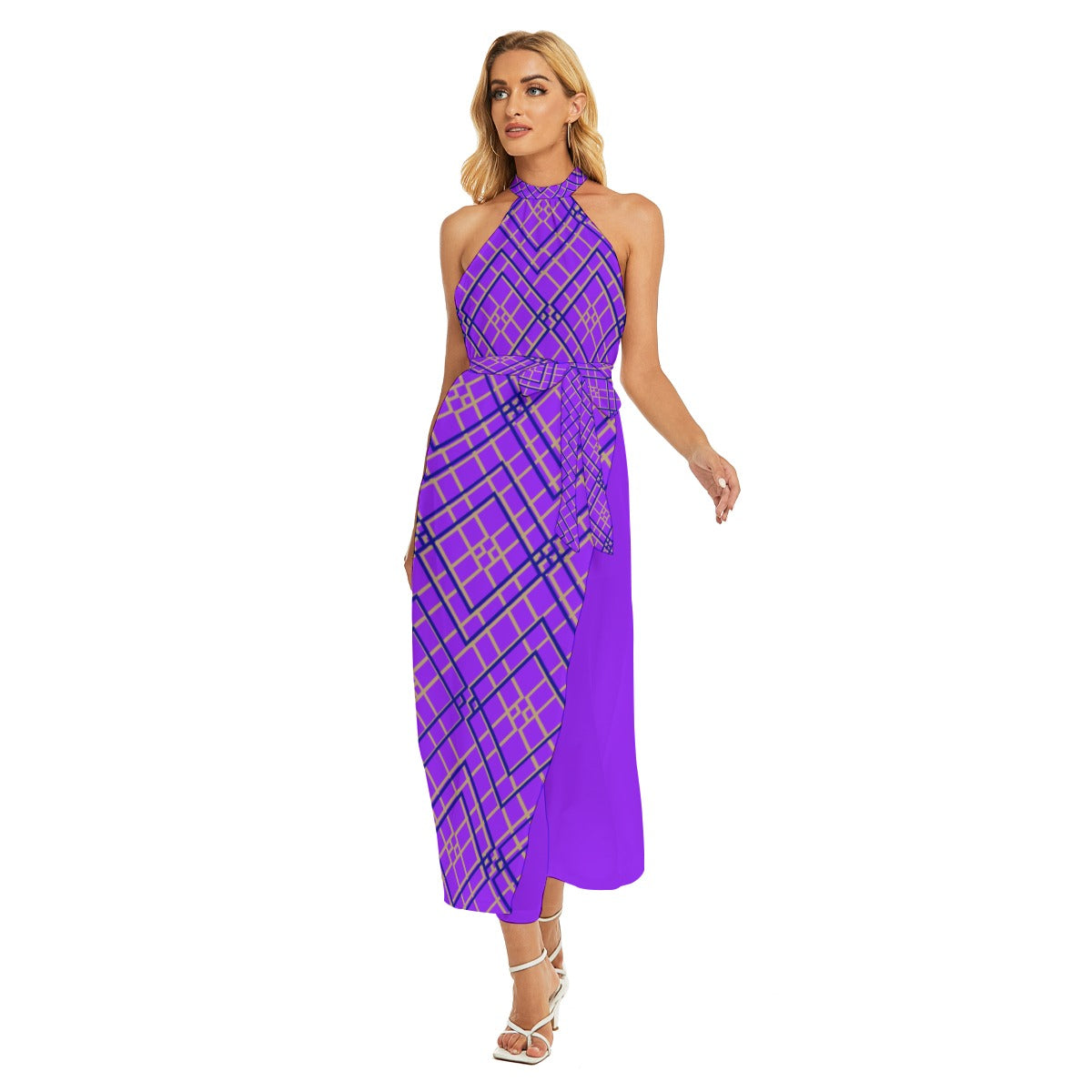 Dark Violet Women's Wrap Hem Belted Halter Dress - Misfit Marketing Design Studios