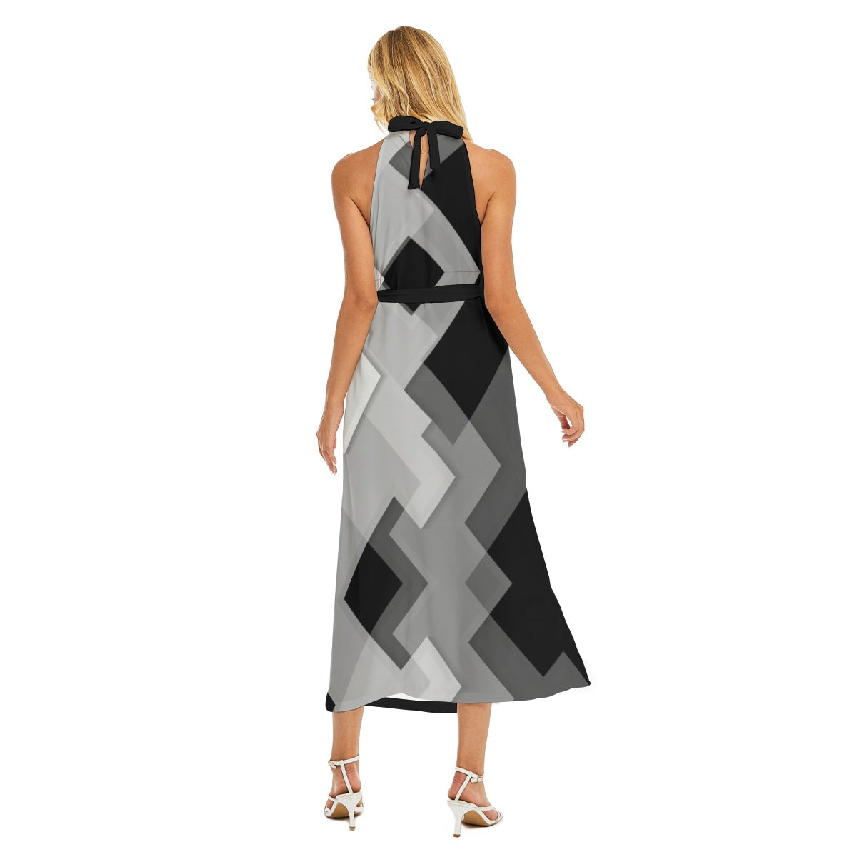 Ebony Geo Abstract Wrap Hem Belted Halter Dress - Misfit Marketing Design Studios