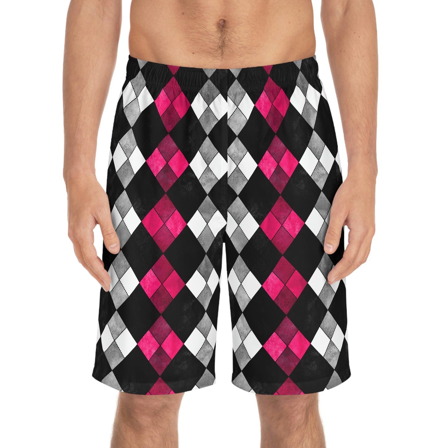 Black & White Argyle Board Shorts -Fuchsia  Accent - Misfit Marketing Designs