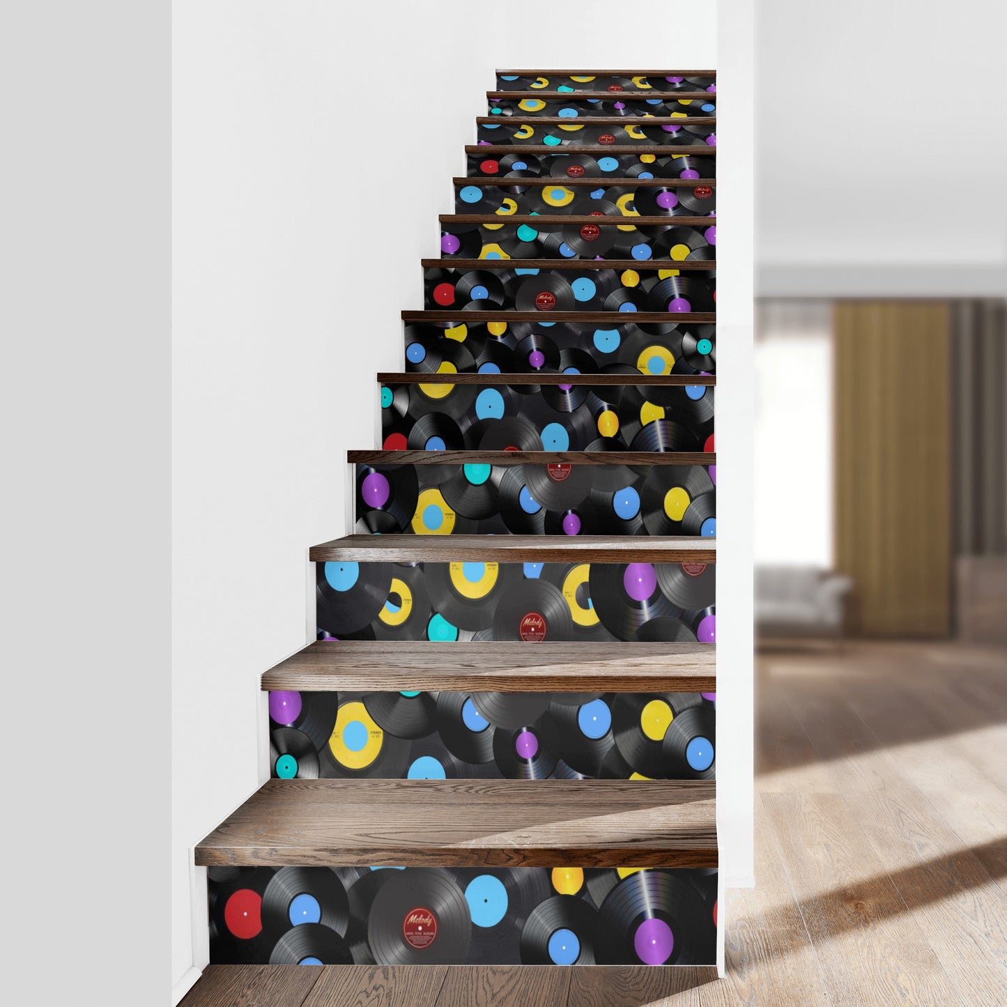 Multi-colored Vinyl Records Stair Riser Decals - Misfit Marketing Designs