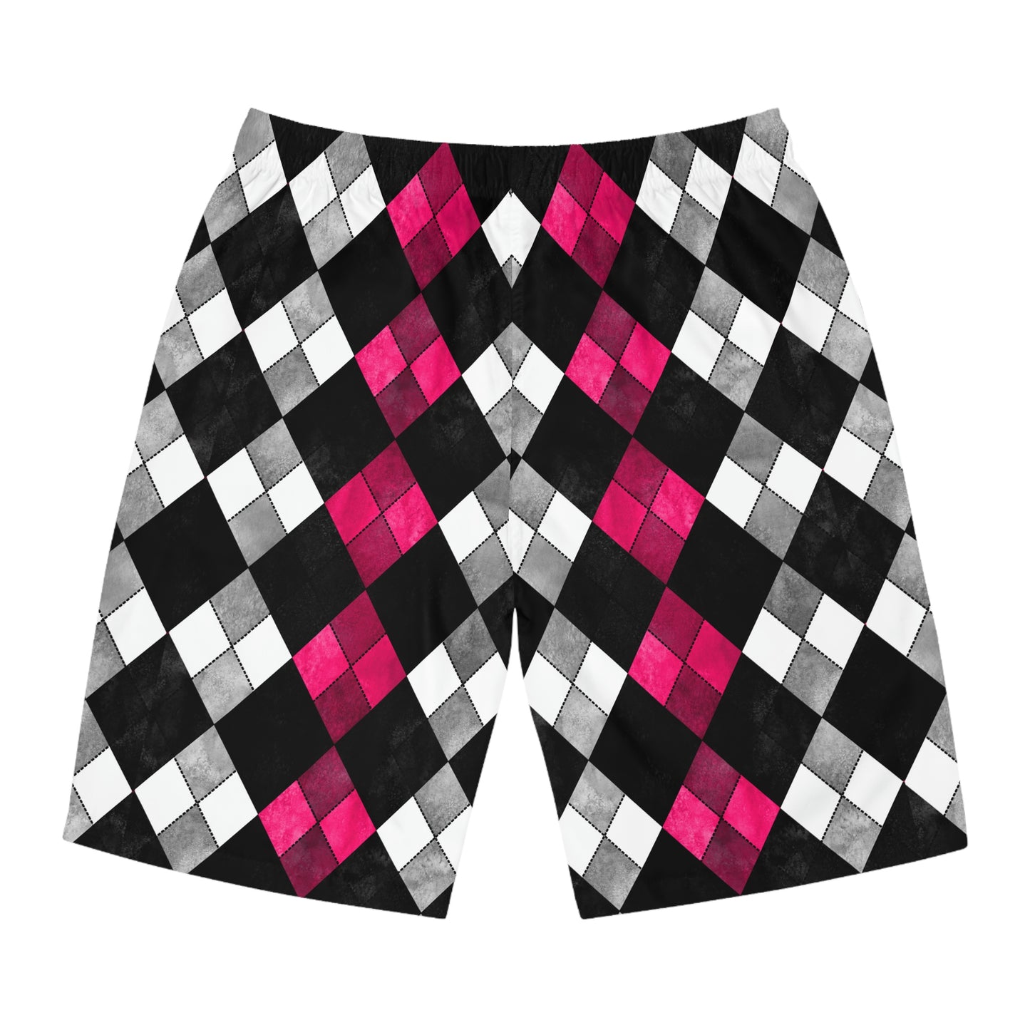 Black & White Argyle Board Shorts -Fuchsia  Accent - Misfit Marketing Designs