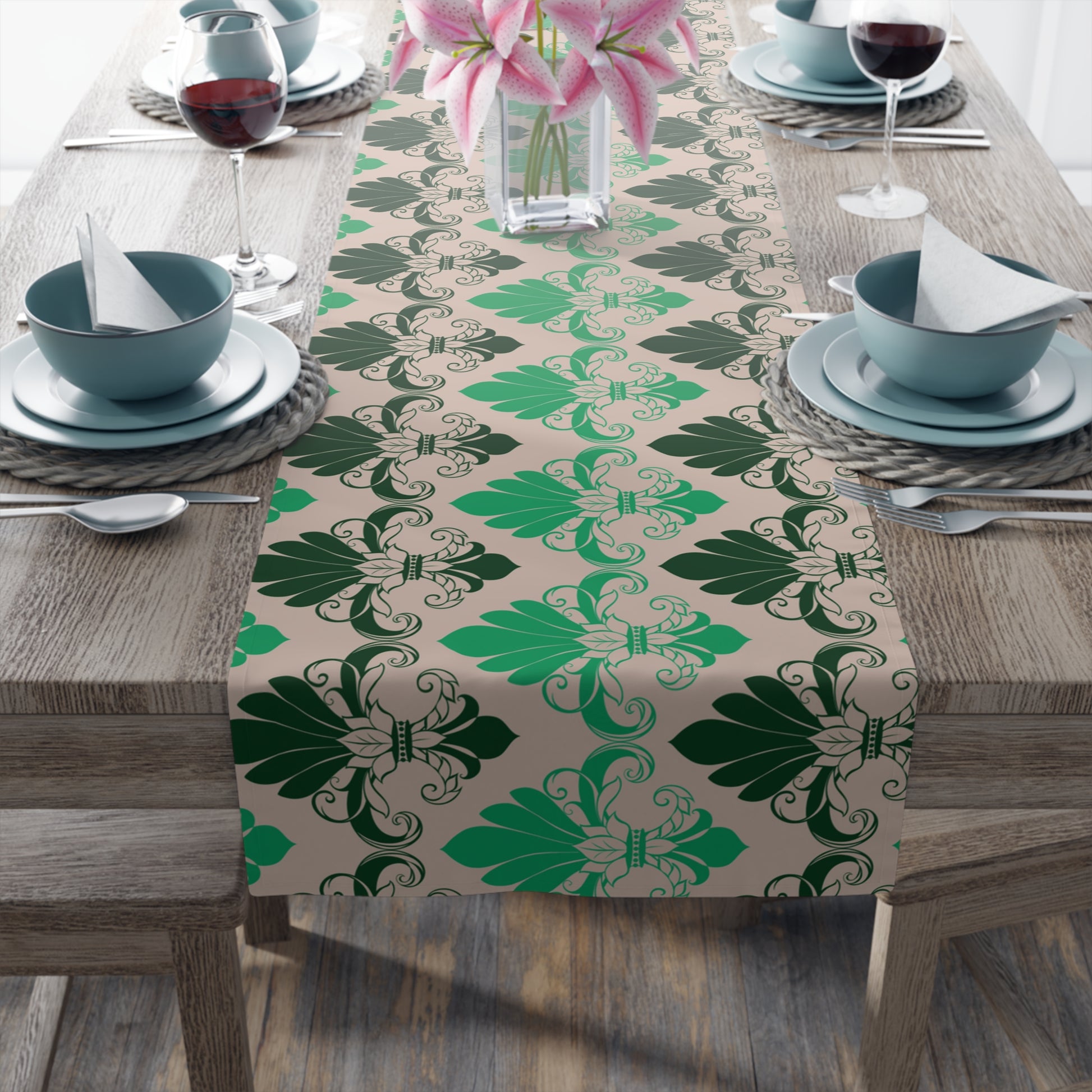 Green Fleur de Lis patterned Table Runner - Misfit Marketing Designs