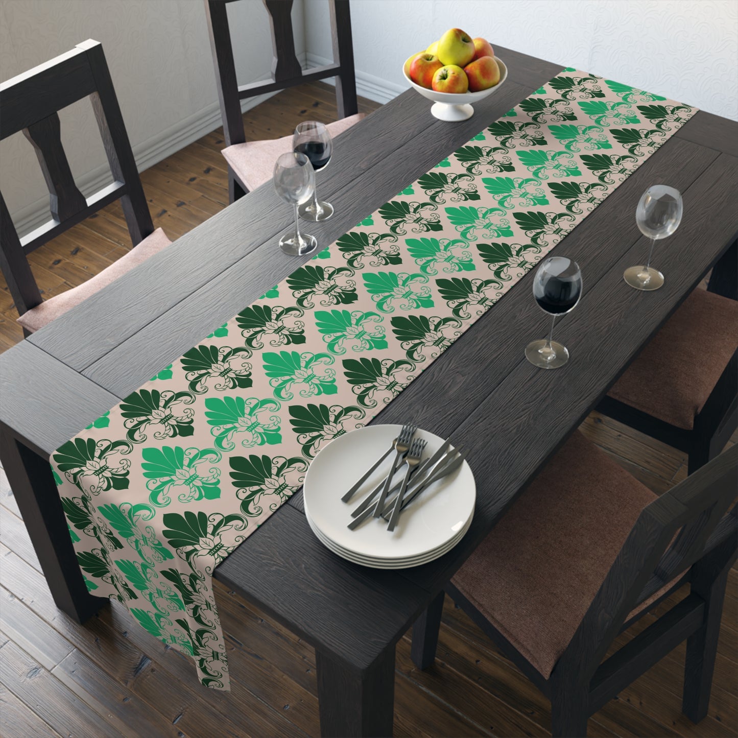 Green Fleur de Lis patterned Table Runner - Misfit Marketing Designs