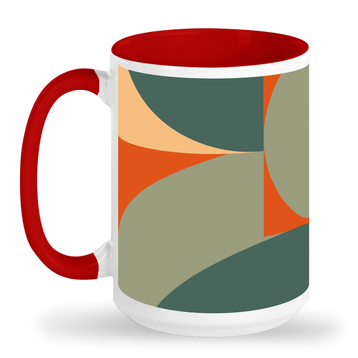 a red and white coffee mug with an abstract design