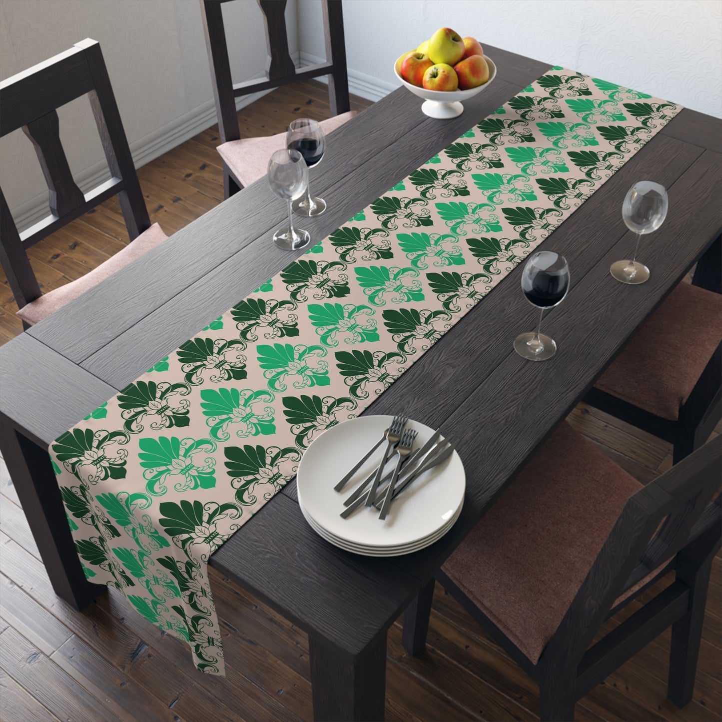 Green Fleur de Lis patterned Table Runner - Misfit Marketing Designs