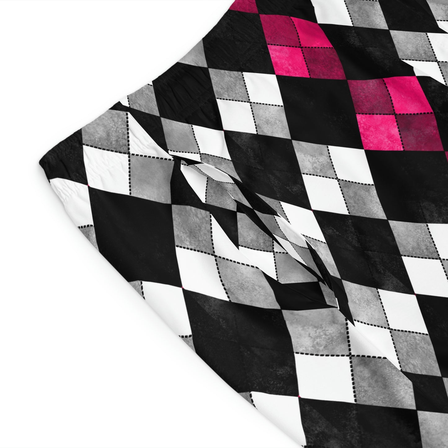 Black & White Argyle Board Shorts -Fuchsia  Accent - Misfit Marketing Designs