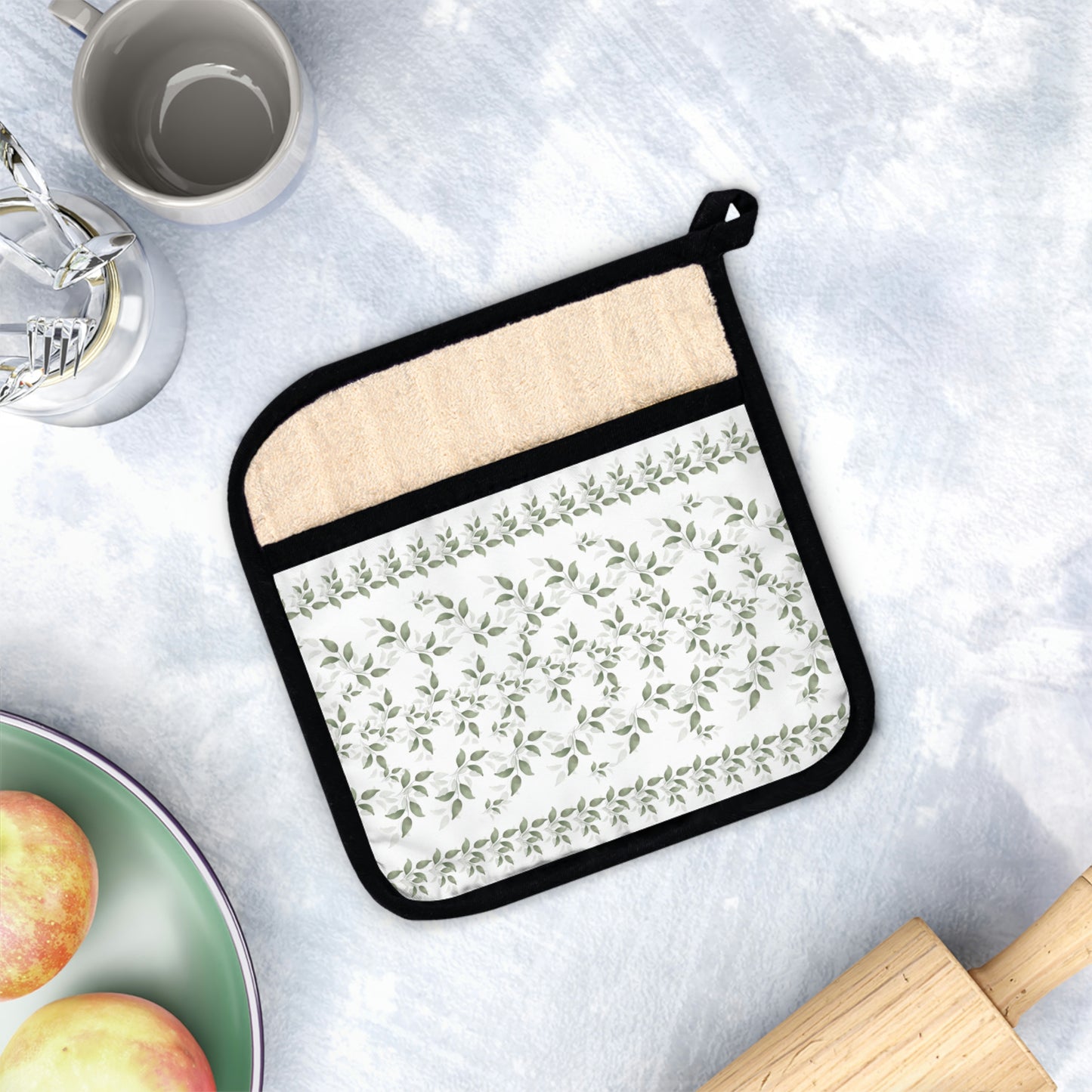 White with Green Leaves Pot Holder - Misfit Marketing Designs