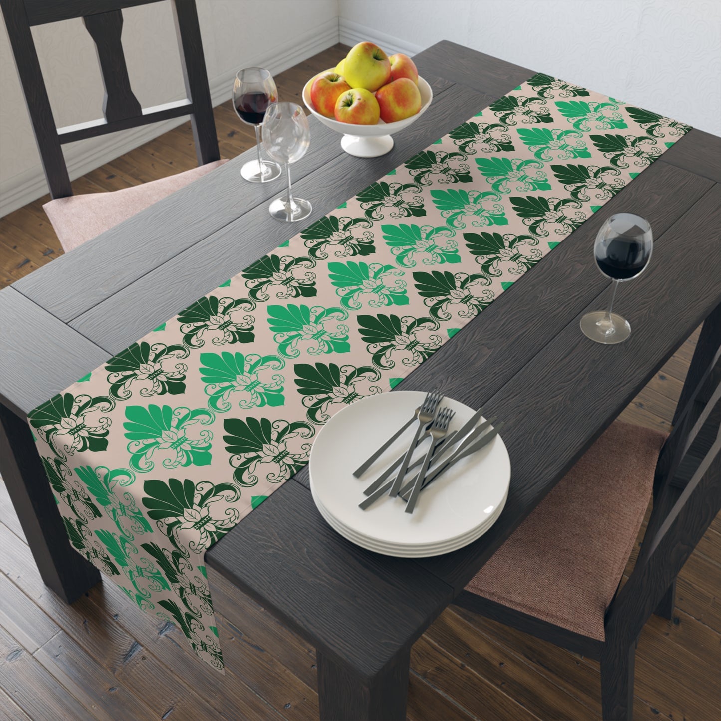 Green Fleur de Lis patterned Table Runner - Misfit Marketing Designs