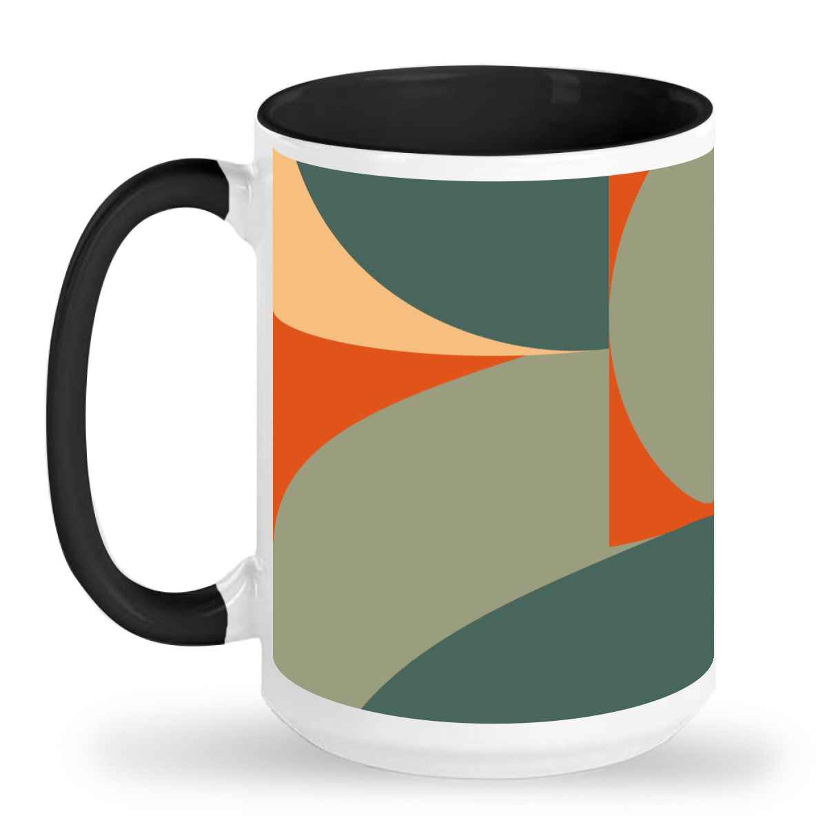 a black and white coffee mug with an abstract design