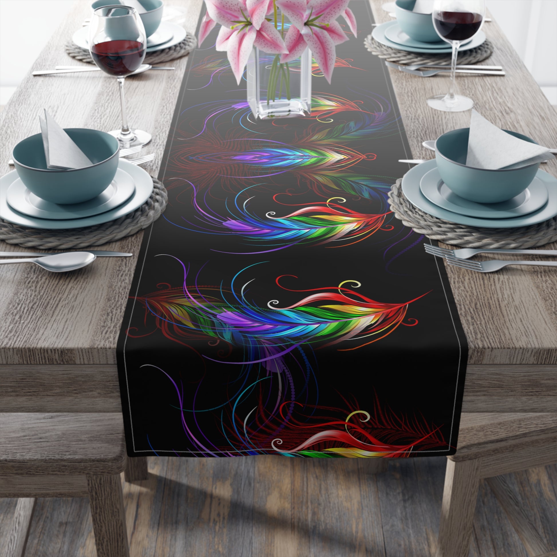 Rainbow Feathers Table Runner - Misfit Marketing Designs