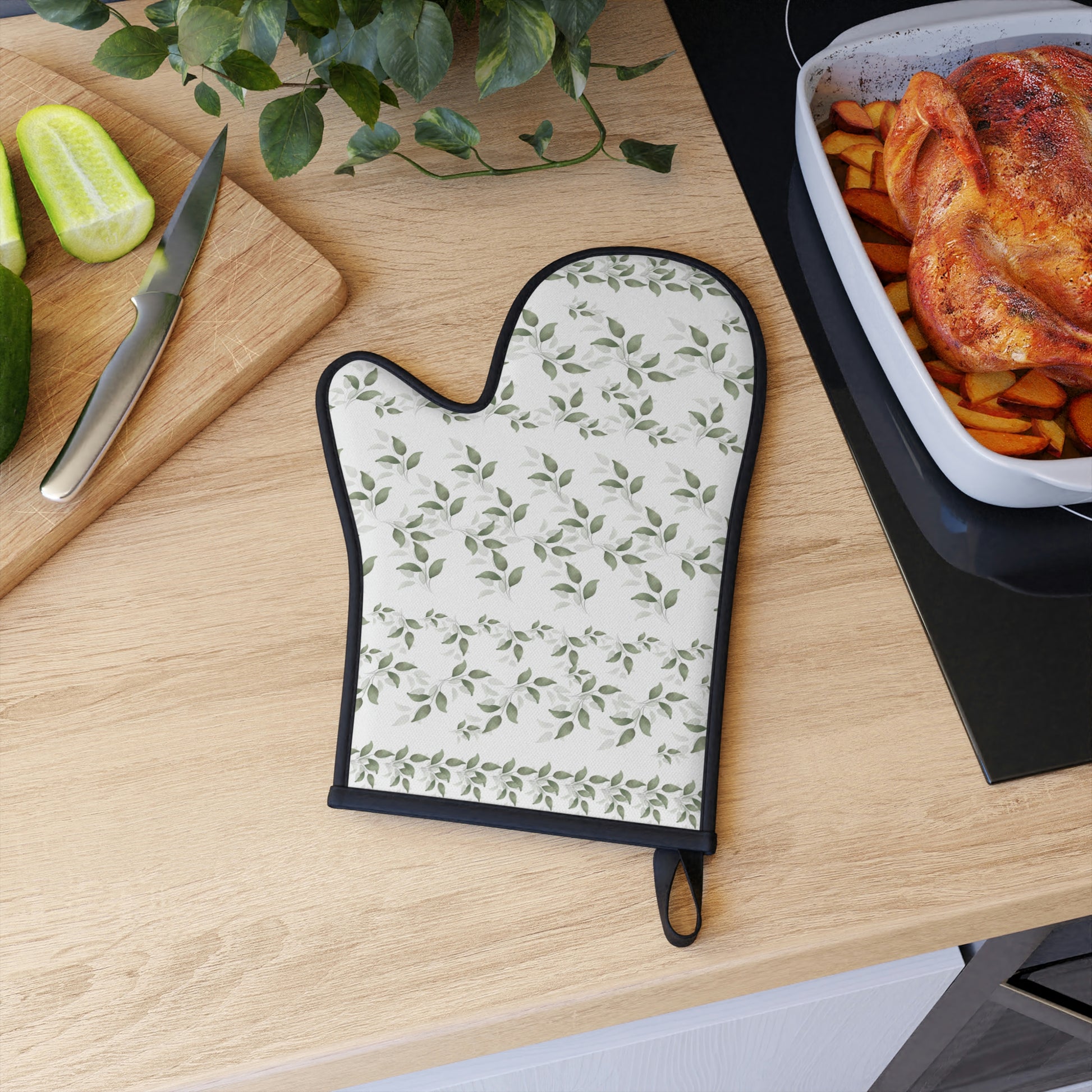 White with Green Leaves Oven Glove - Misfit Marketing Designs