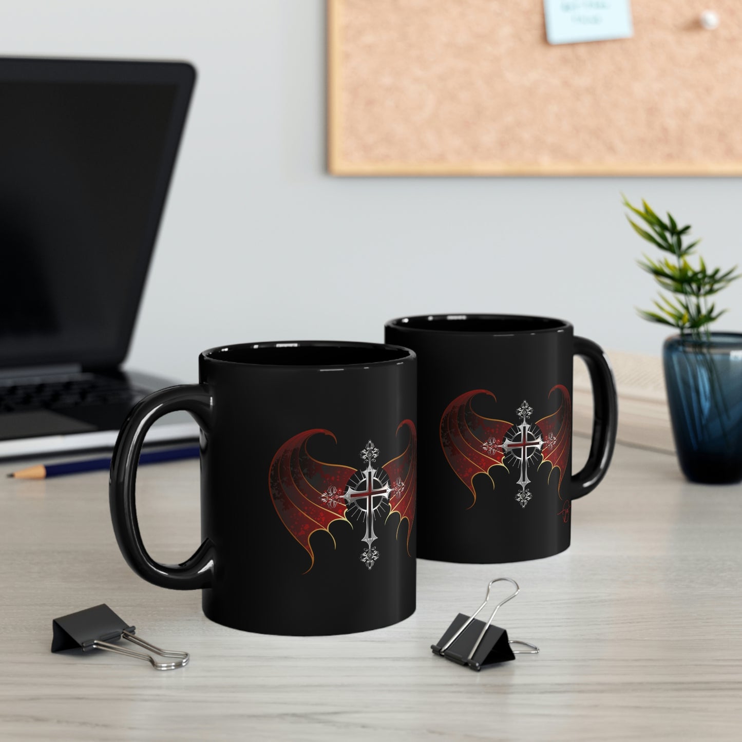 Gothic Winged Silver Cross Mug - Misfit Marketing Designs