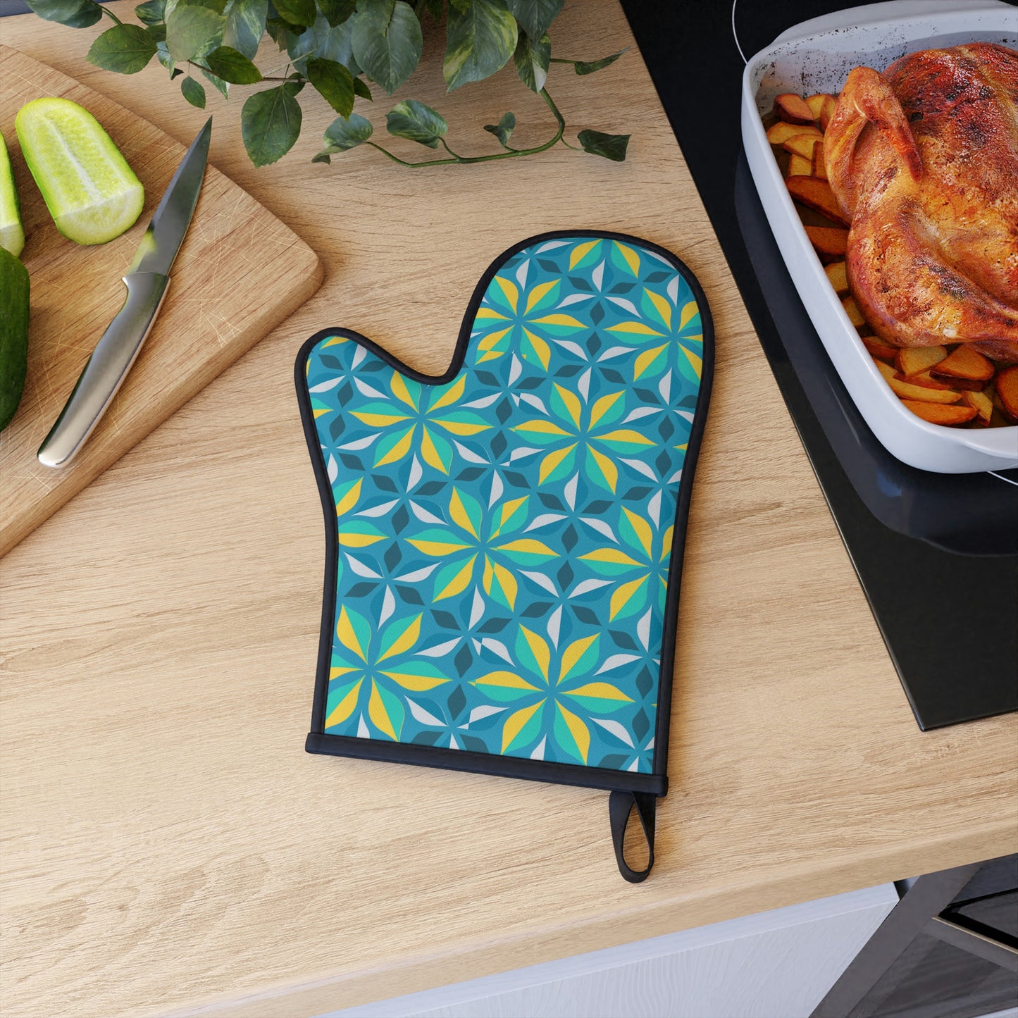 Turquoise Floral Oven Glove - Misfit Marketing Designs