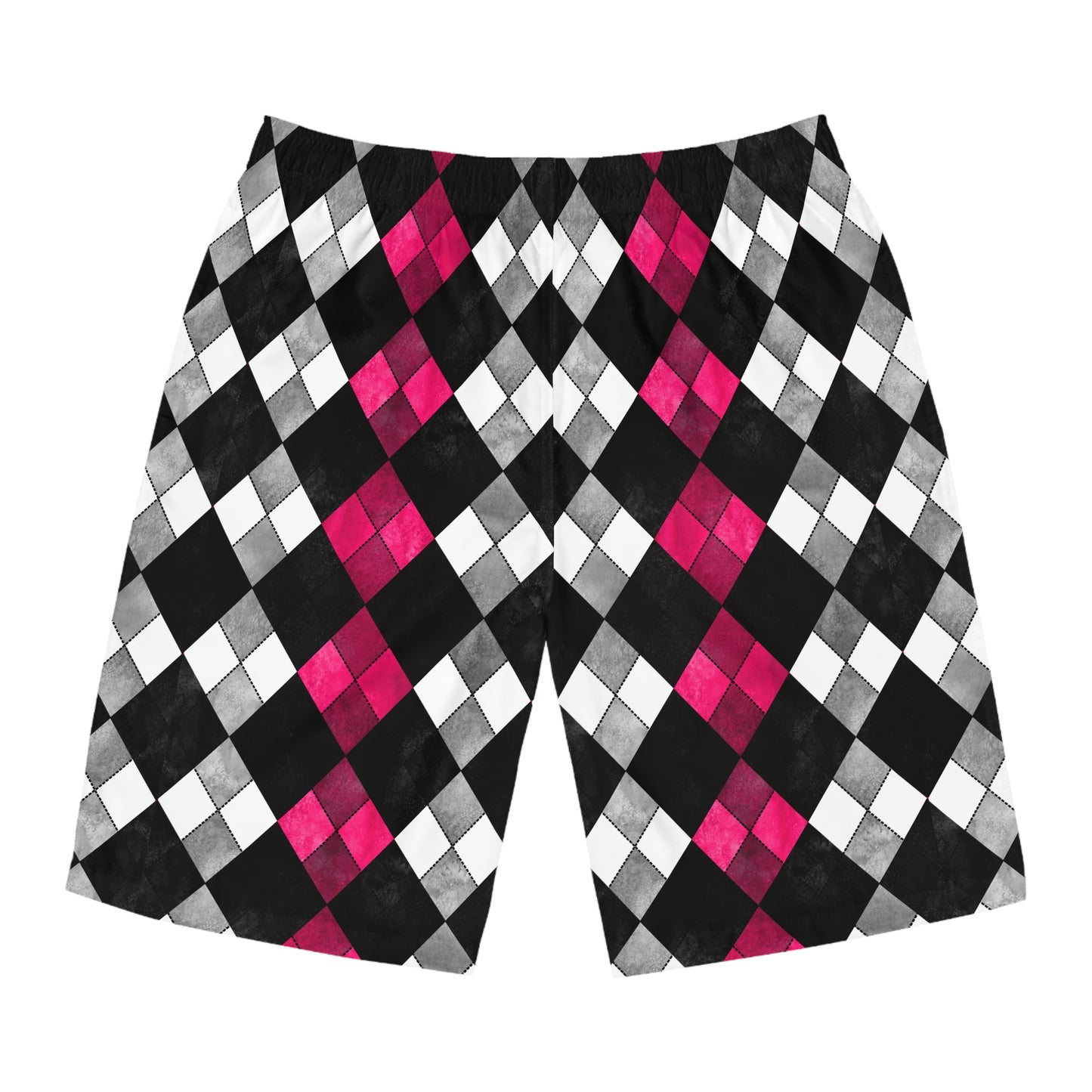 Black & White Argyle Board Shorts -Fuchsia  Accent - Misfit Marketing Designs