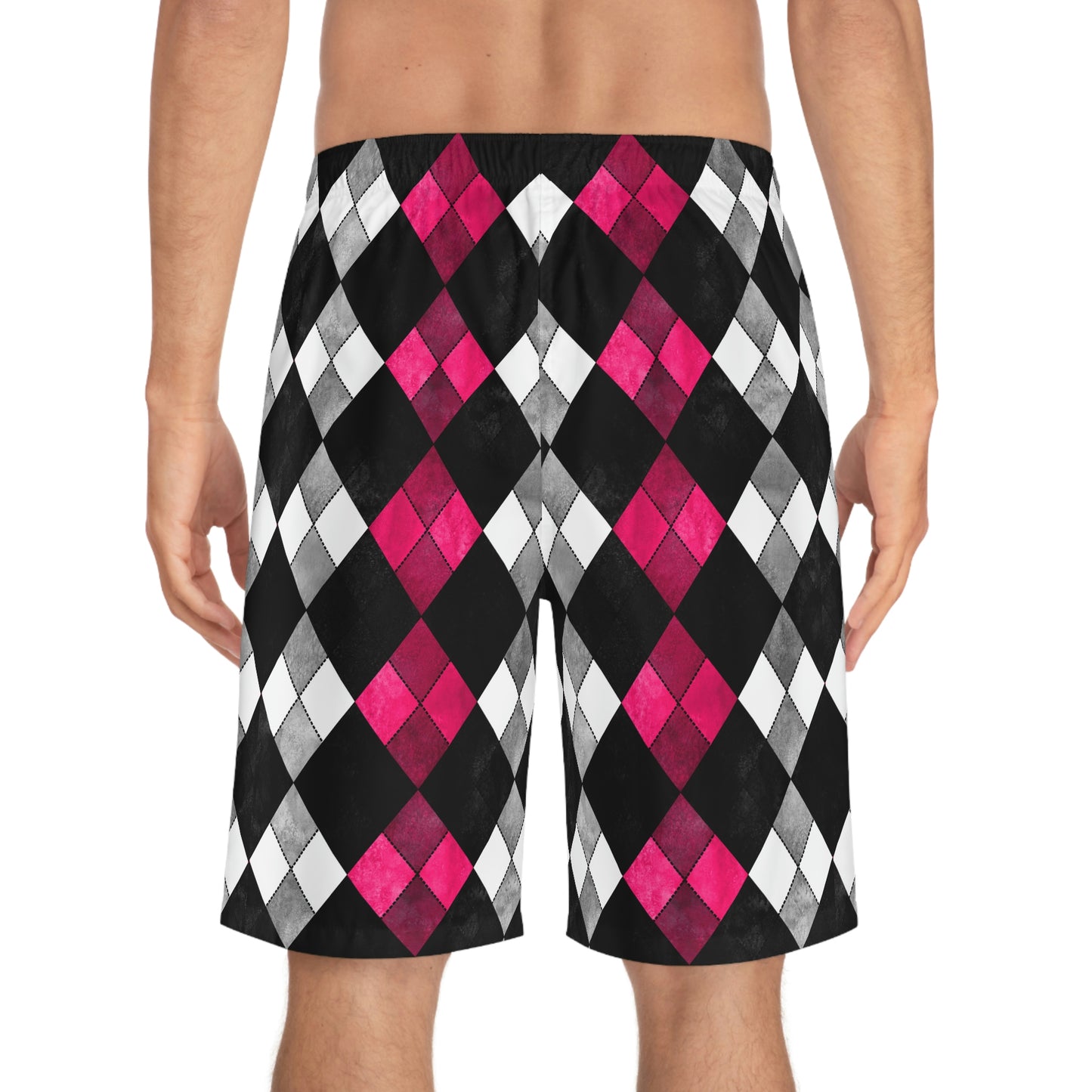 Black & White Argyle Board Shorts -Fuchsia  Accent - Misfit Marketing Designs