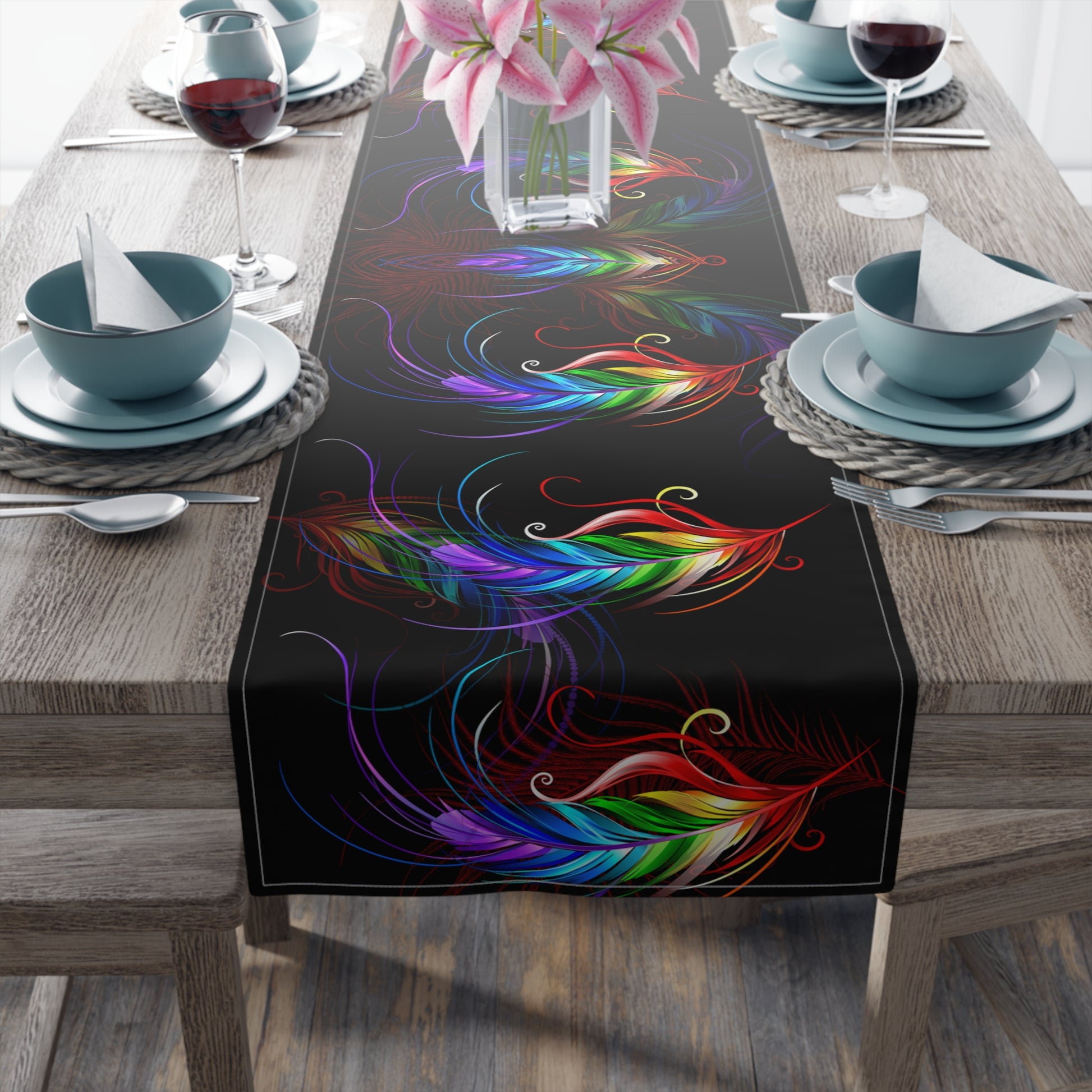 Rainbow Feathers Table Runner - Misfit Marketing Designs