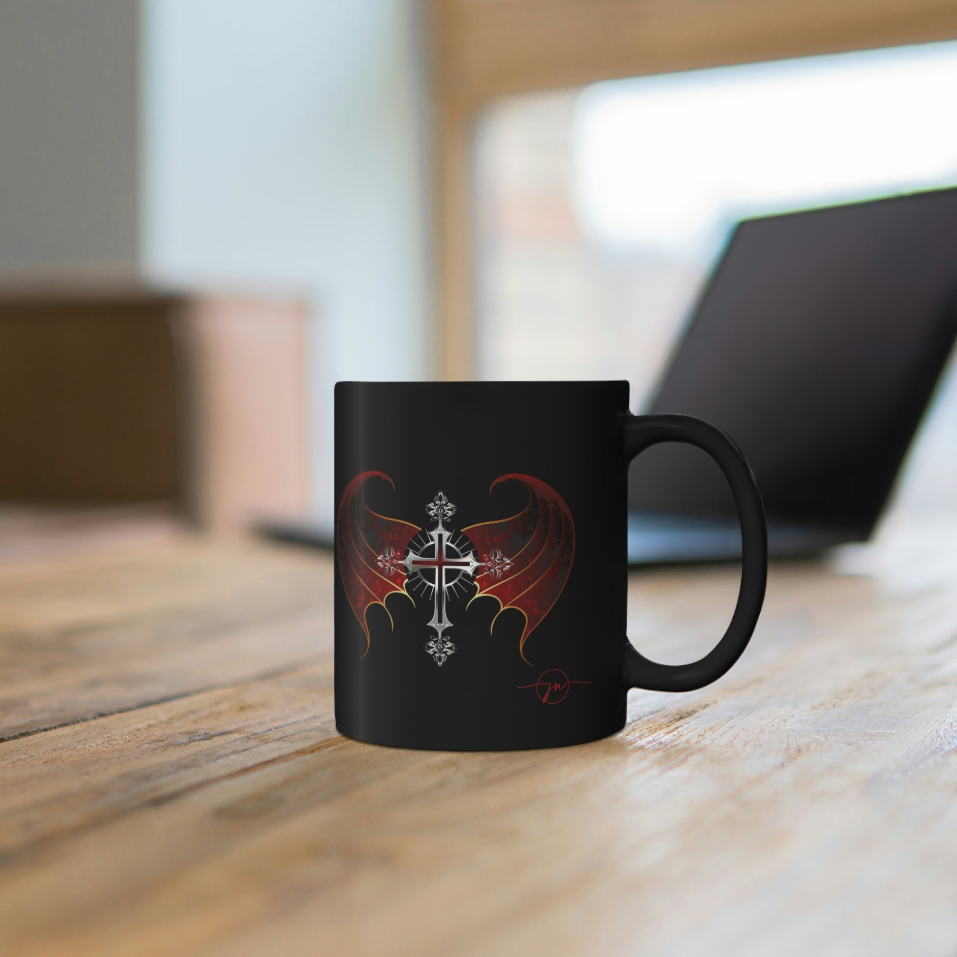 Gothic Winged Silver Cross Mug - Misfit Marketing Designs