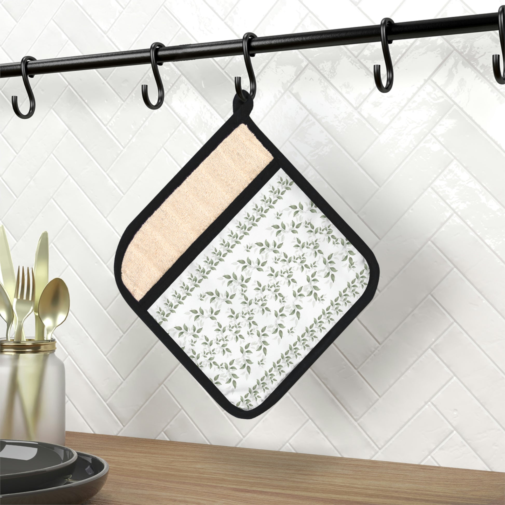 White with Green Leaves Pot Holder - Misfit Marketing Designs