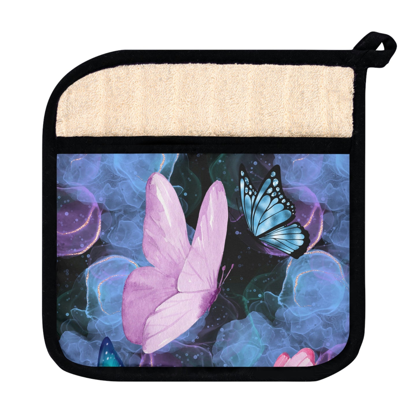 Pink Butterfly Mist Pot Holder with Pocket - Misfit Marketing Designs