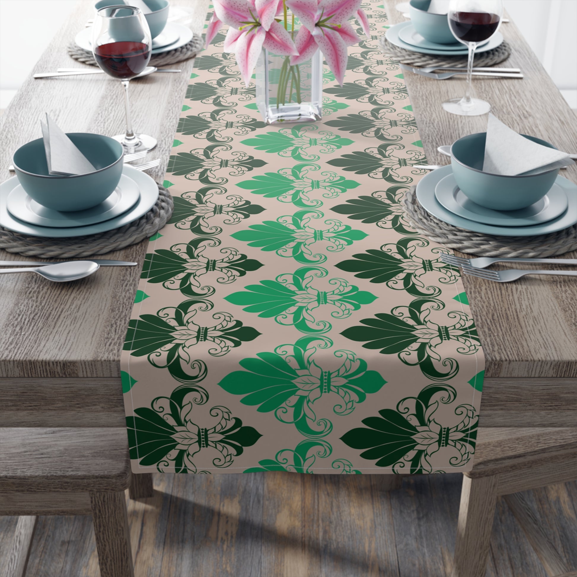 Green Fleur de Lis patterned Table Runner - Misfit Marketing Designs